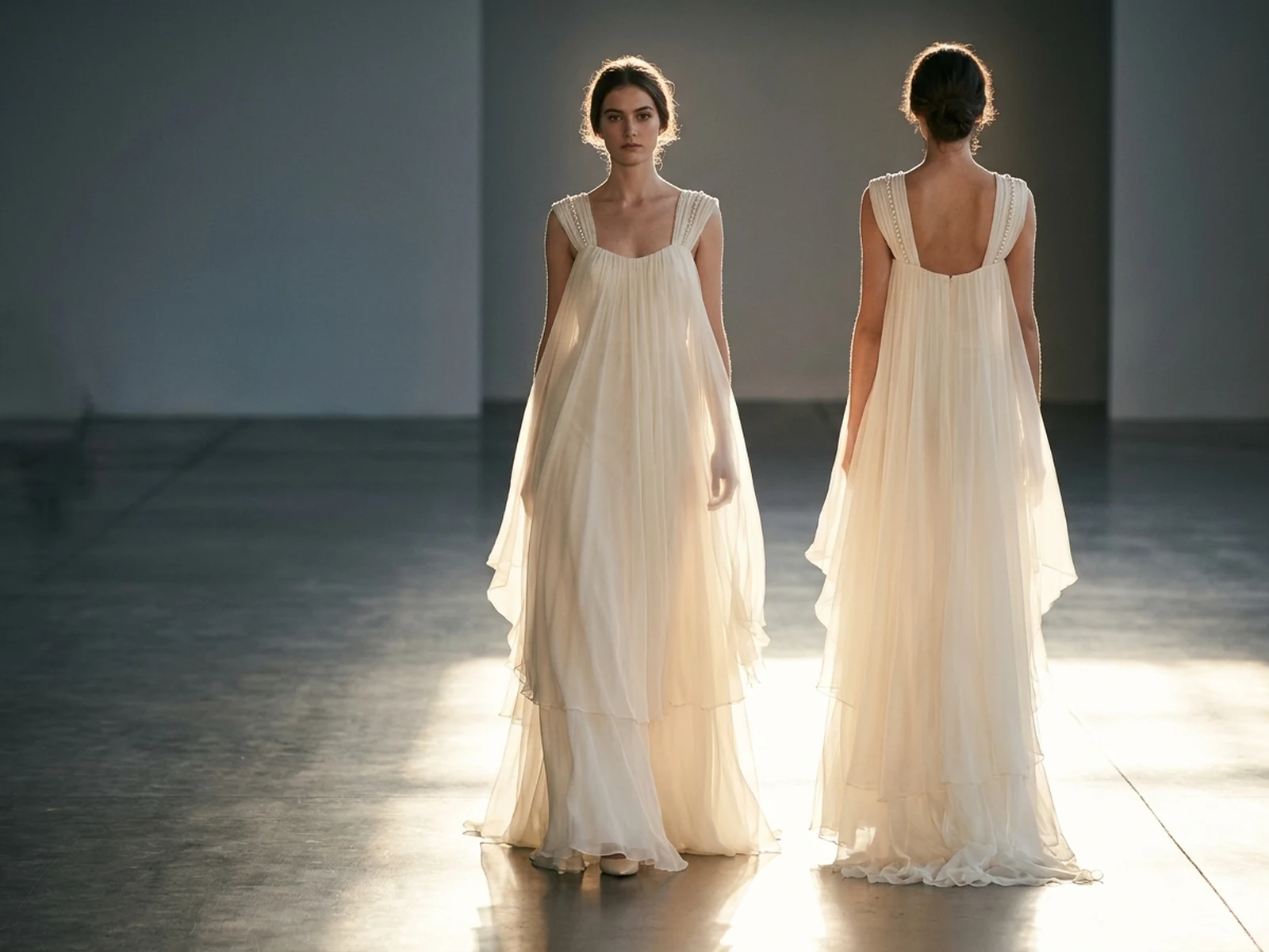 AI dress generator example showing ivory evening gown concept with runway lighting