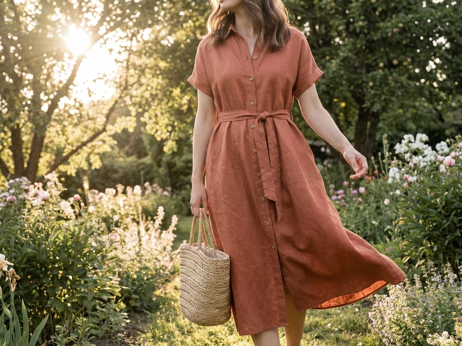 AI dress generator example showing terracotta summer dress in sunlit garden walkway