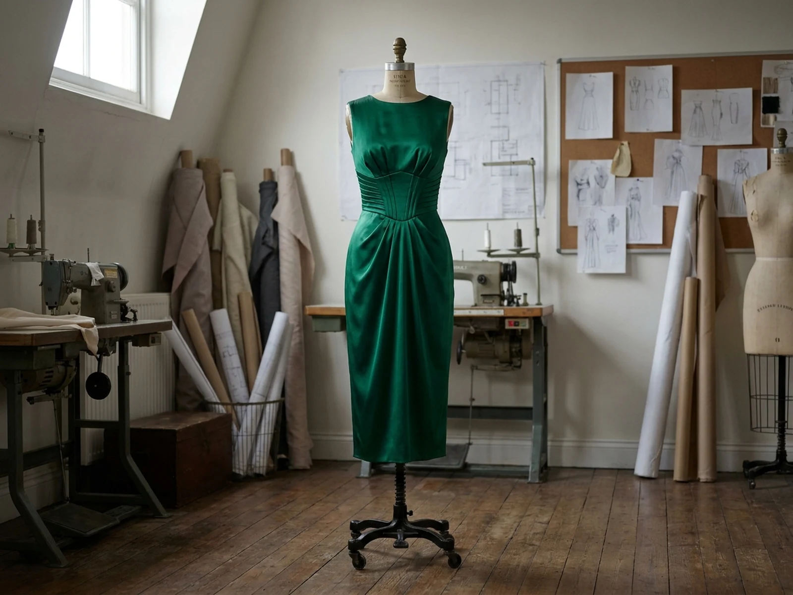 Elegant emerald dress concept on a mannequin with satin fabric detail, atelier backdrop, and soft fashion lighting