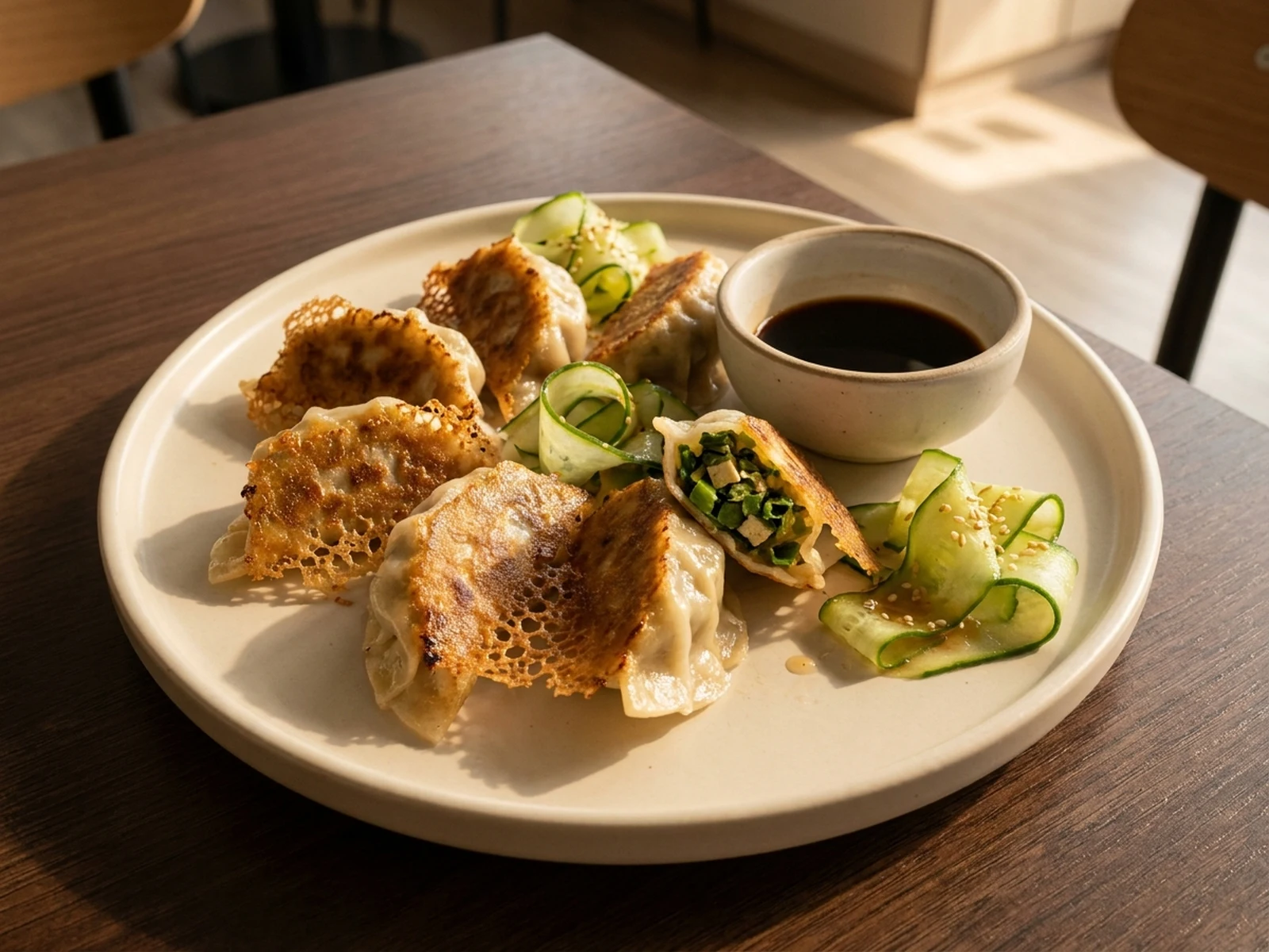 金黄煎饺带脆底摆放在奶油色餐盘上,AI生成图片示例