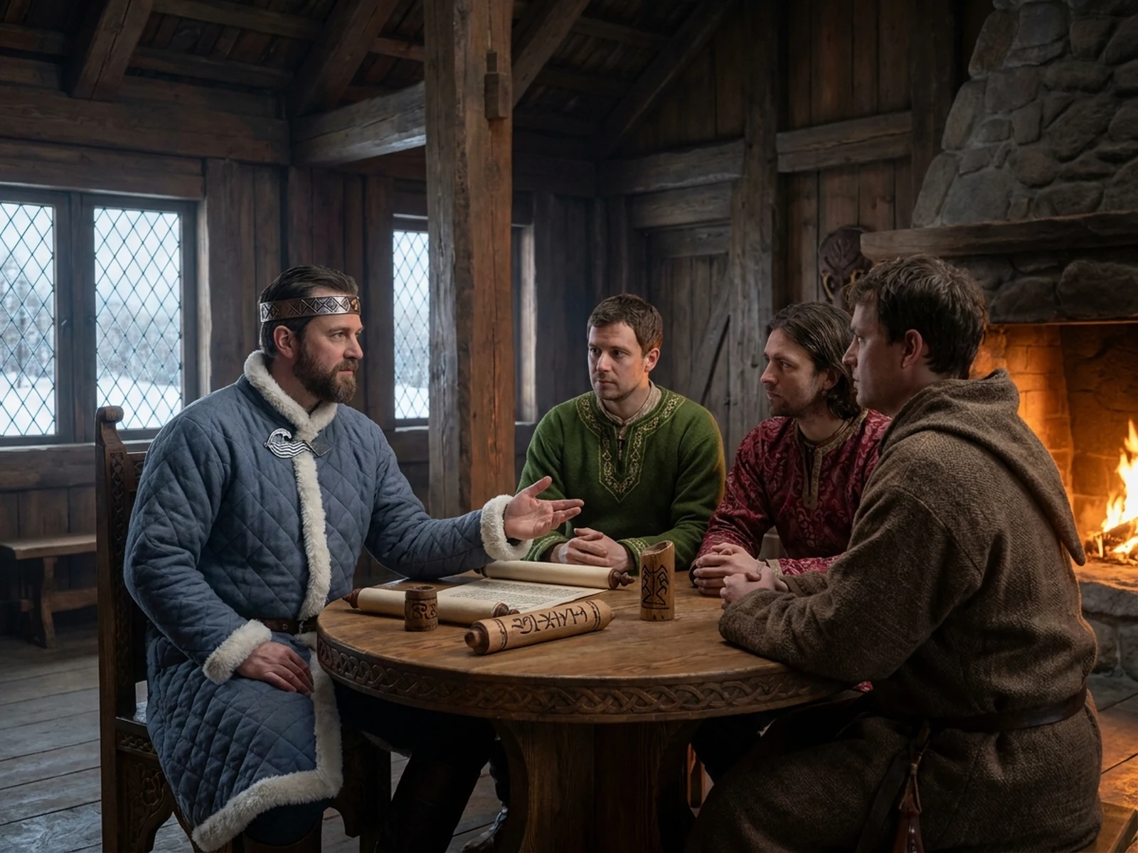 Original fictional emperor and envoys in a peaceful winter treaty scene