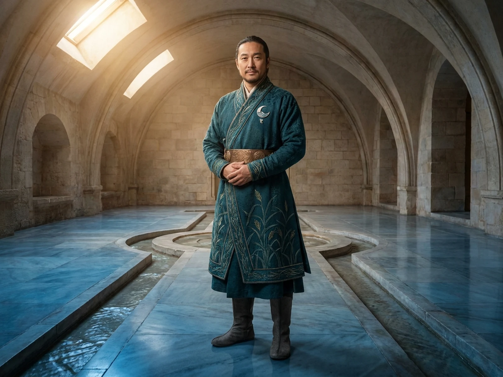 Original fictional emperor of a river kingdom in ceremonial attire