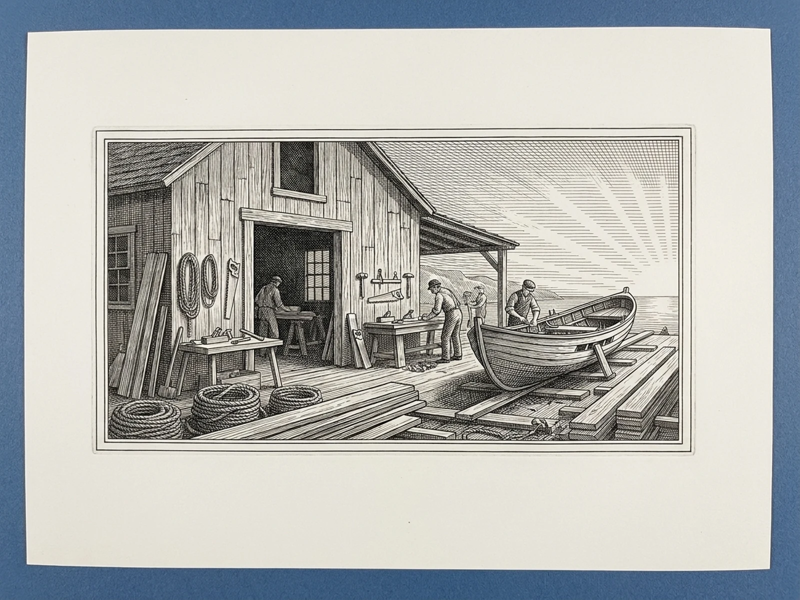 Fictional coastal workshop rendered as an engraving plate