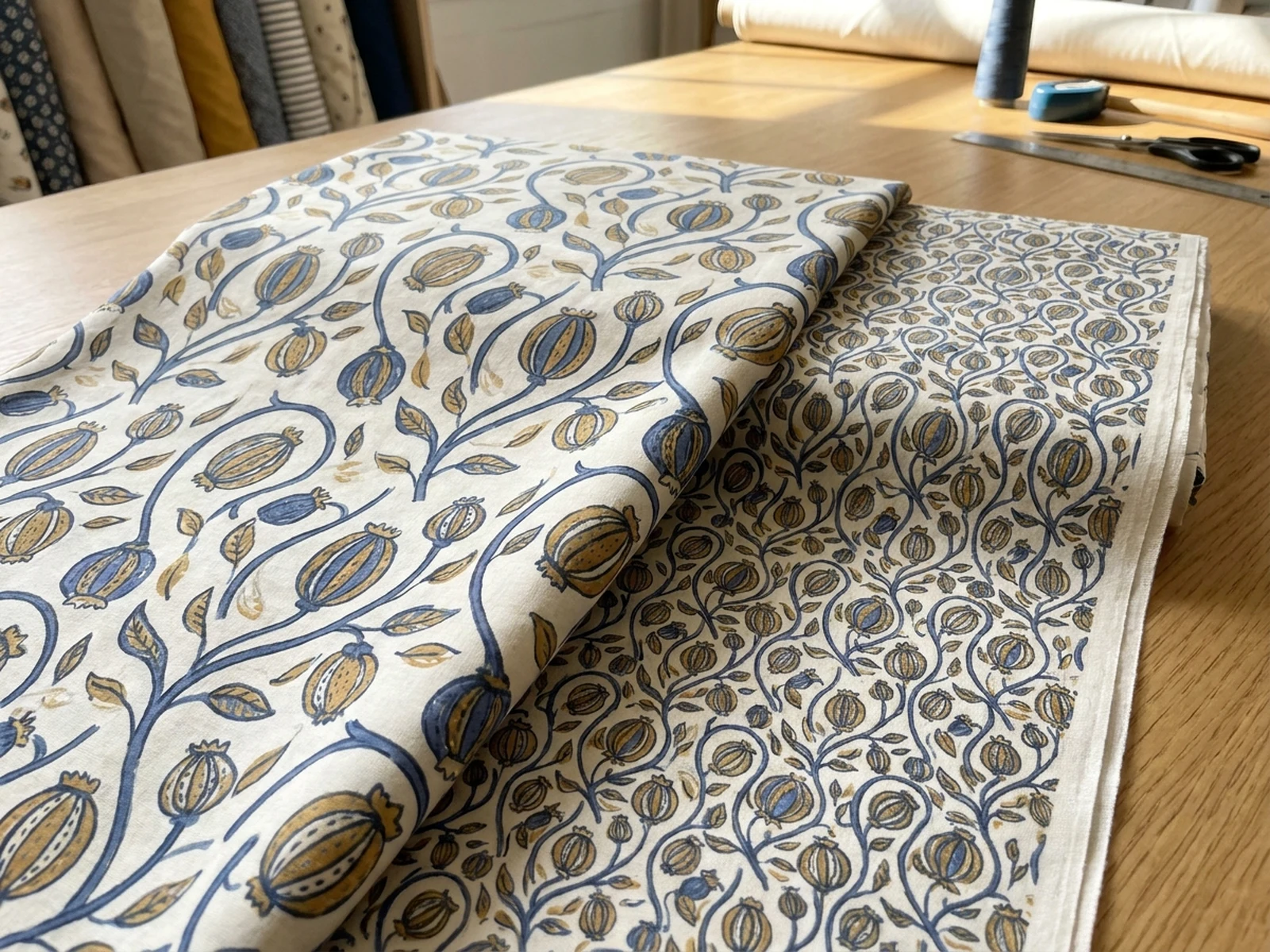 Original botanical repeat pattern shown at two scales on cotton fabric