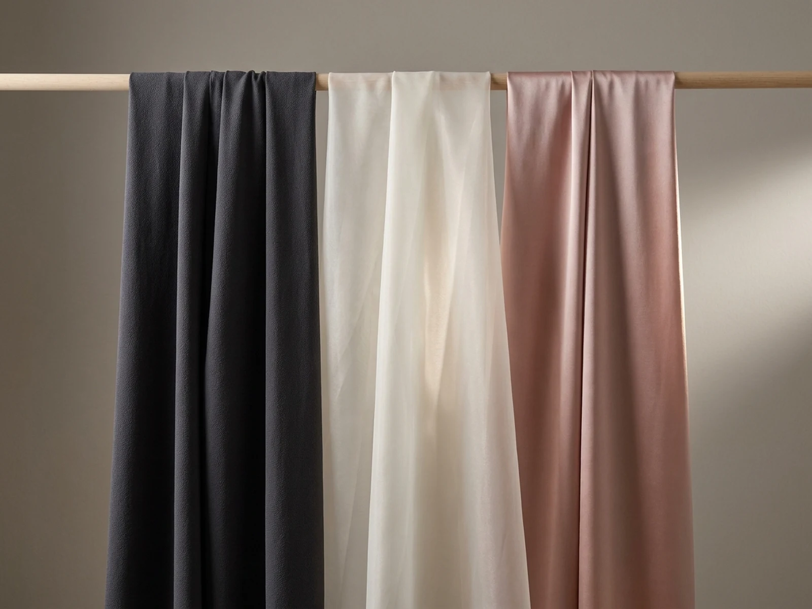 Crepe, organza, and satin fabrics shown in a controlled drape study