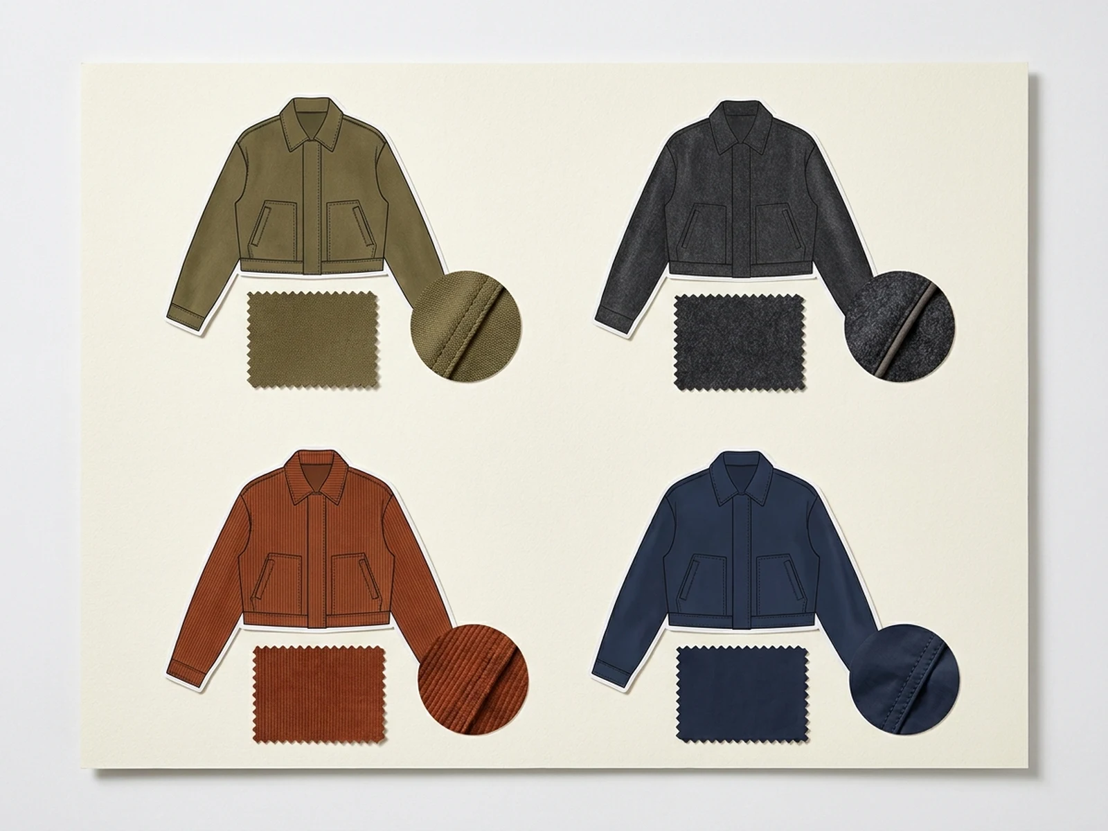 One jacket silhouette previewed in four original fabric options