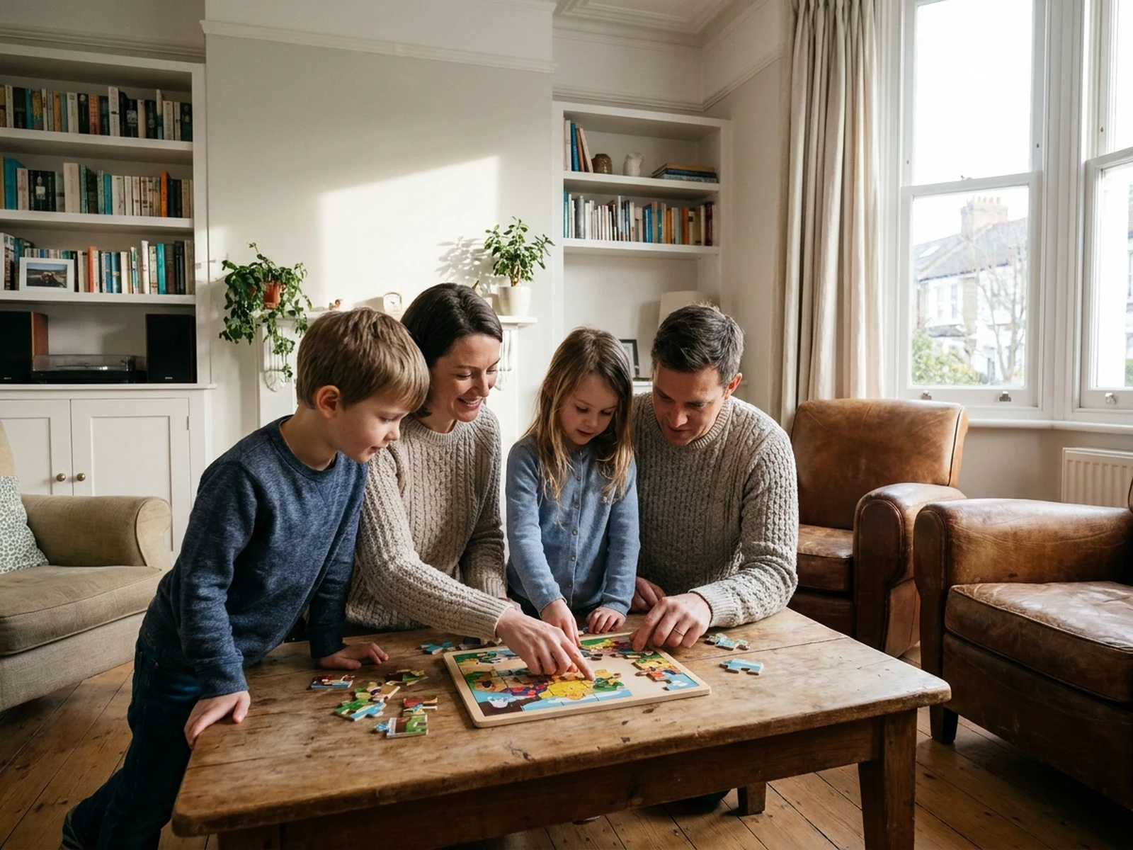 Original family assembling a puzzle together in a bright home