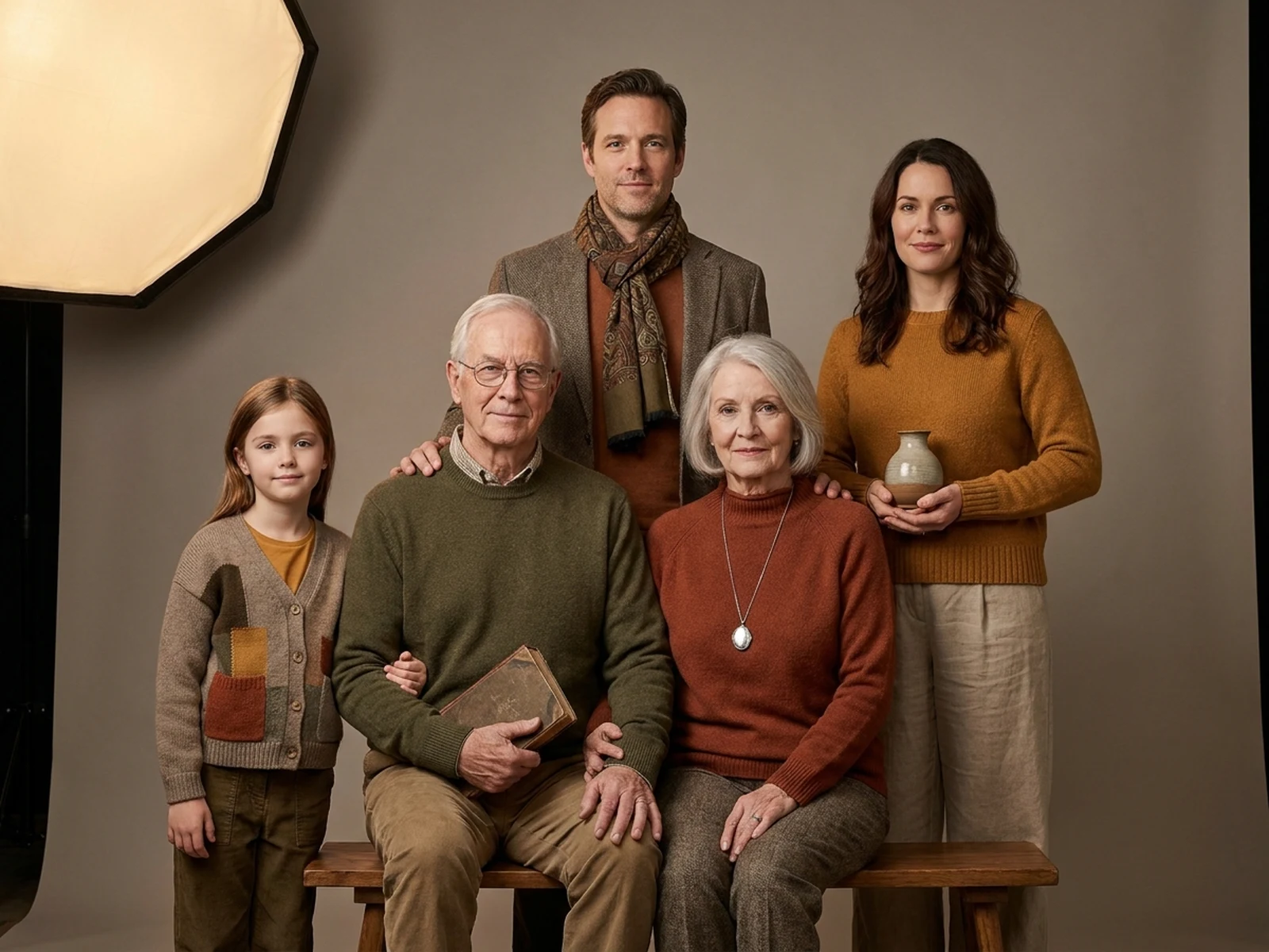 Balanced multigenerational family portrait on a warm gray studio background
