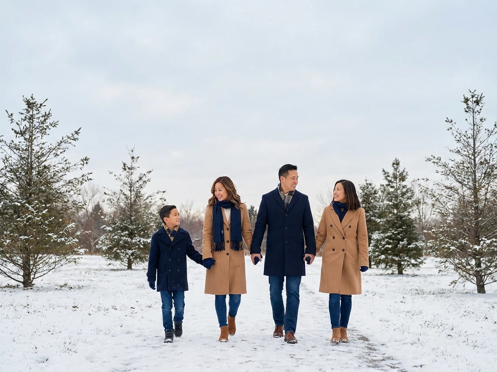 Original family walking through a quiet winter park with clean card space