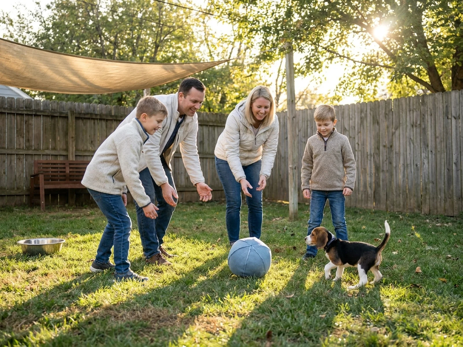Fictional family enjoying supervised backyard play with a beagle puppy