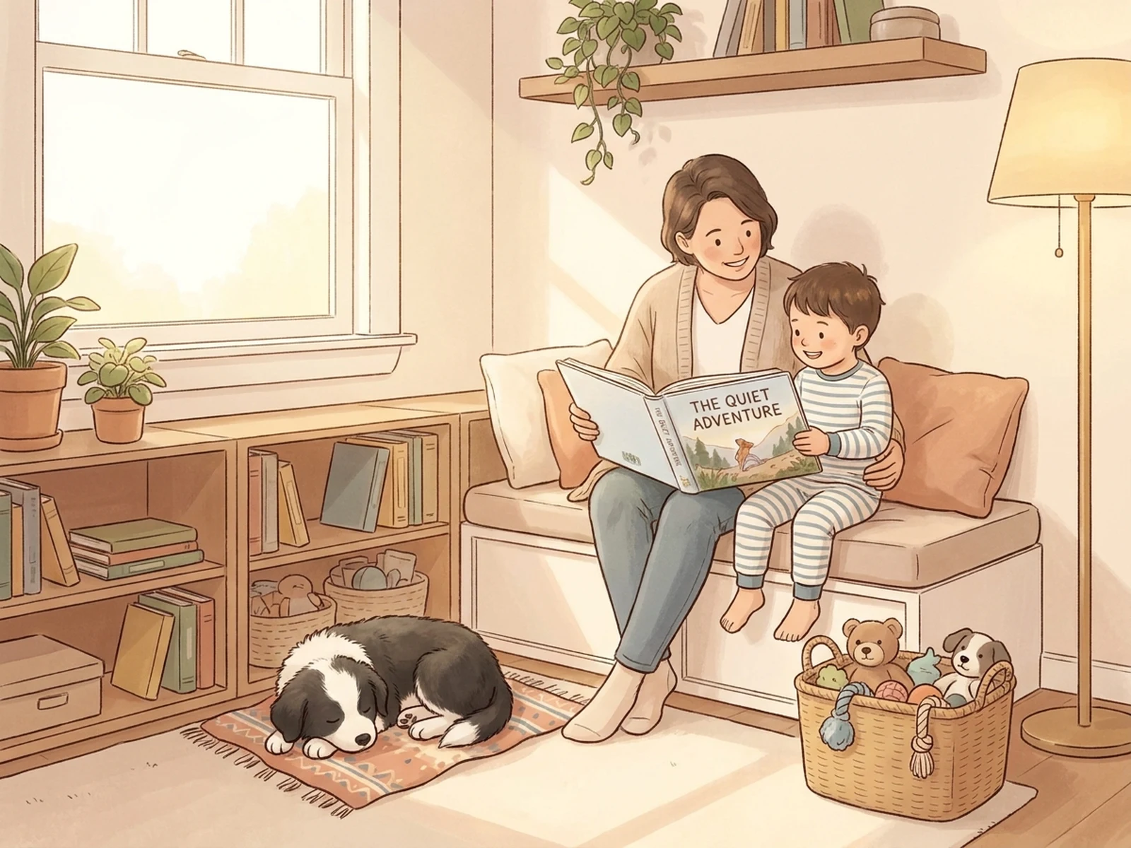 Child and caregiver reading near a resting puppy