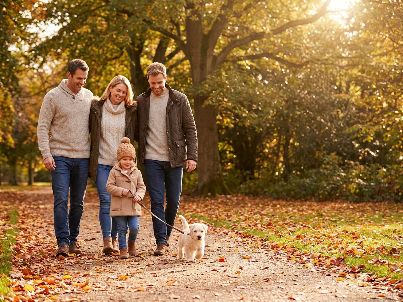 Fictional family walking a terrier puppy in an autumn park