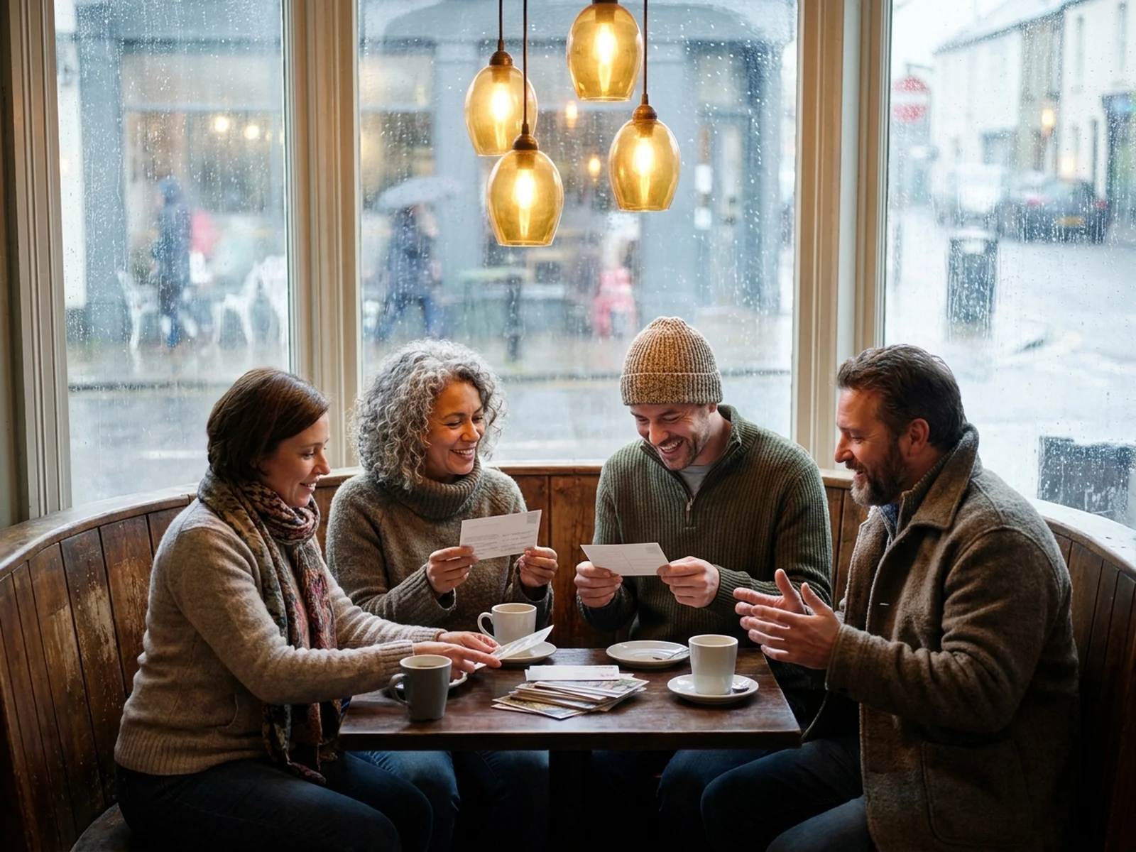 Four fictional adult friends meeting in a cozy café
