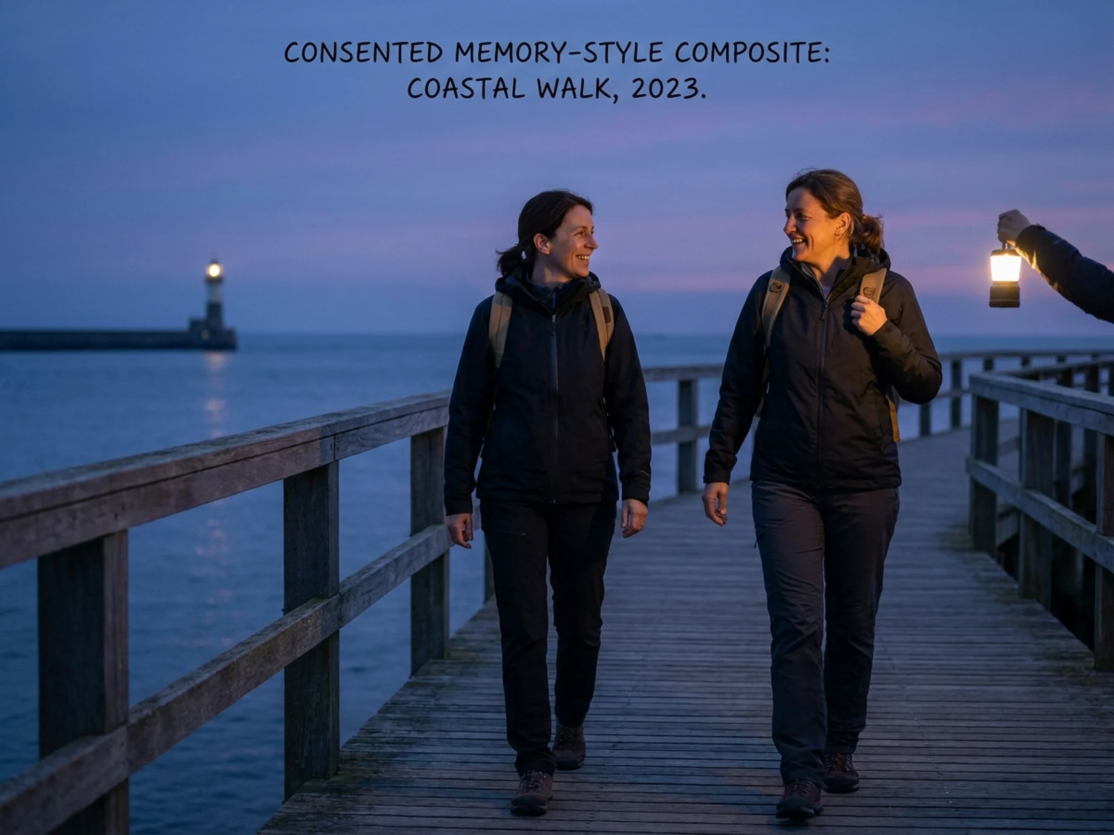 Authorized adult friends in a creative seaside travel portrait
