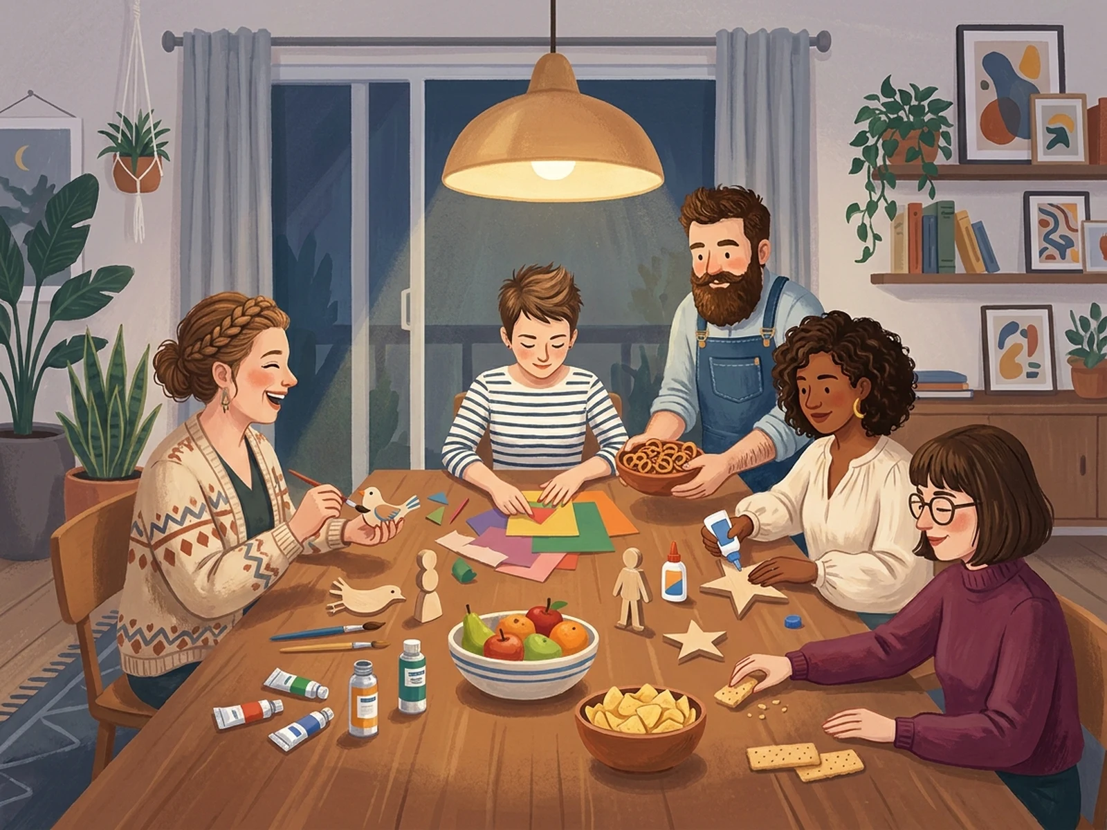 Original illustrated friends enjoying a collaborative craft night