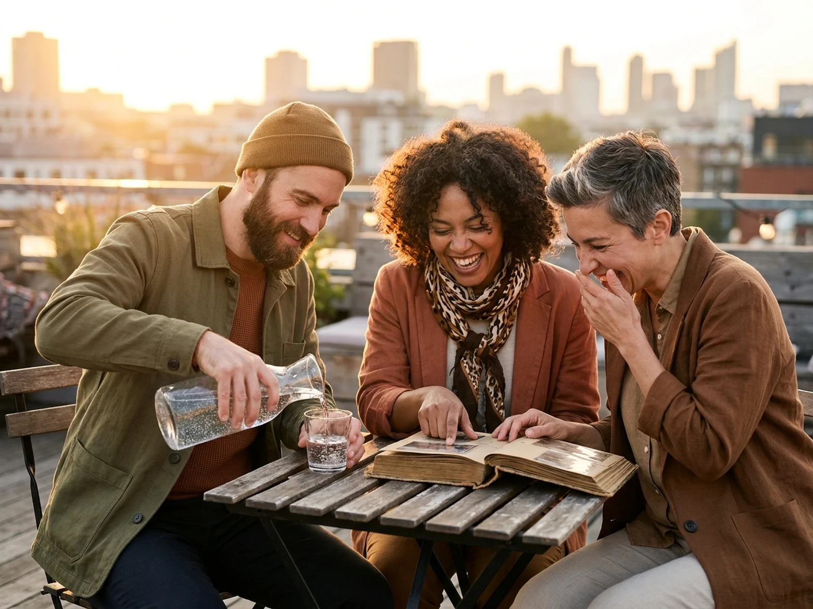 Three fictional adult friends sharing a candid rooftop moment