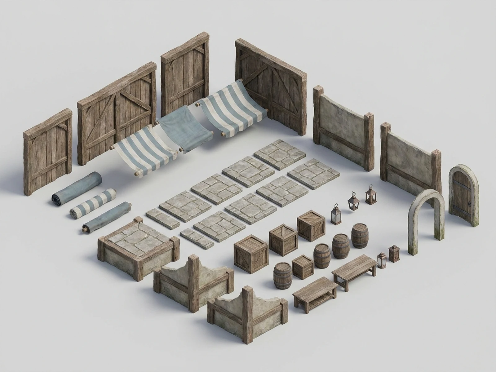 Original modular coastal market environment kit with walls, floors, awnings, and props
