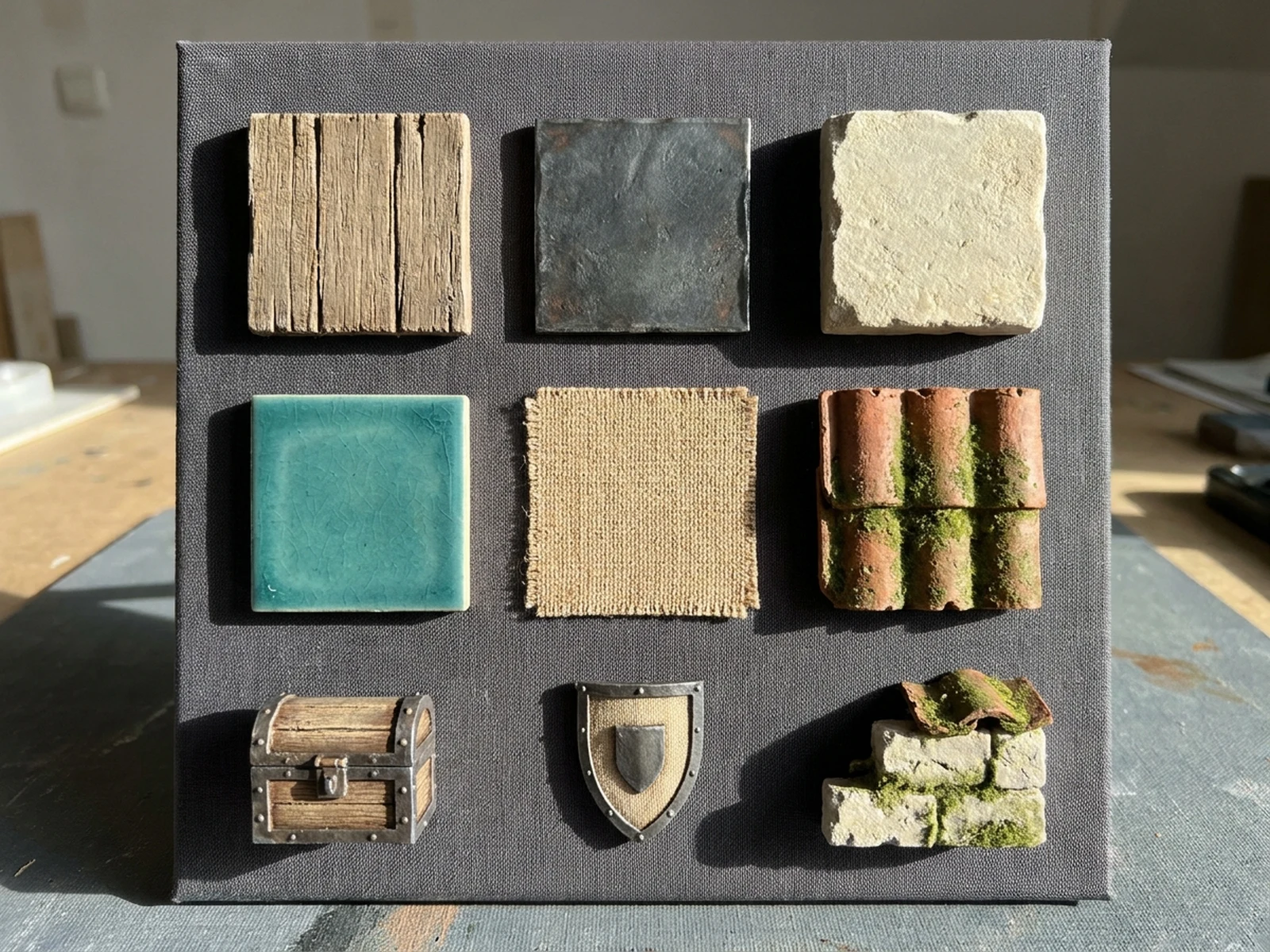 Original game material board with six coordinated surface studies