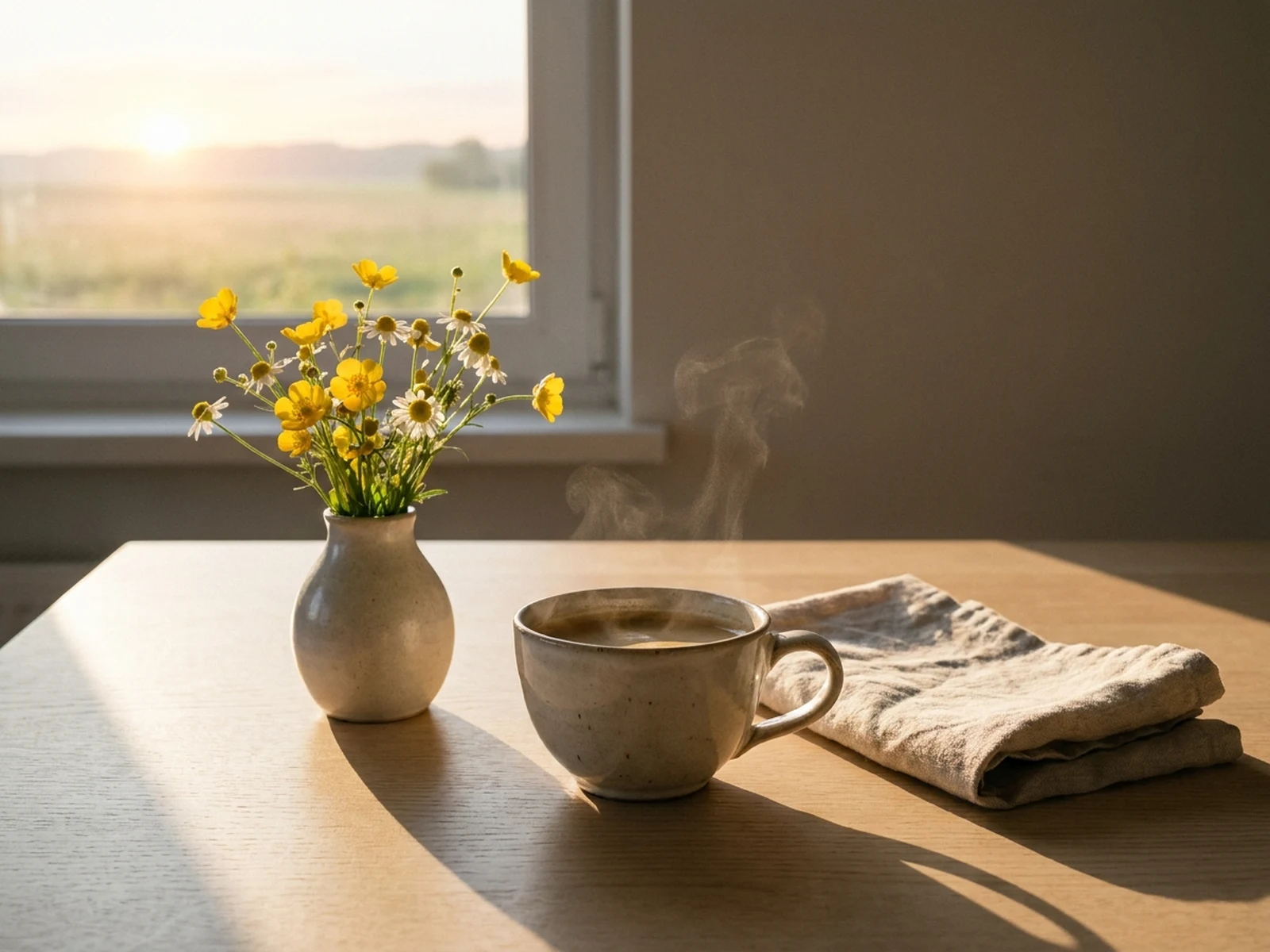 Warm sunrise breakfast scene with coffee, flowers, and clean space for a morning message