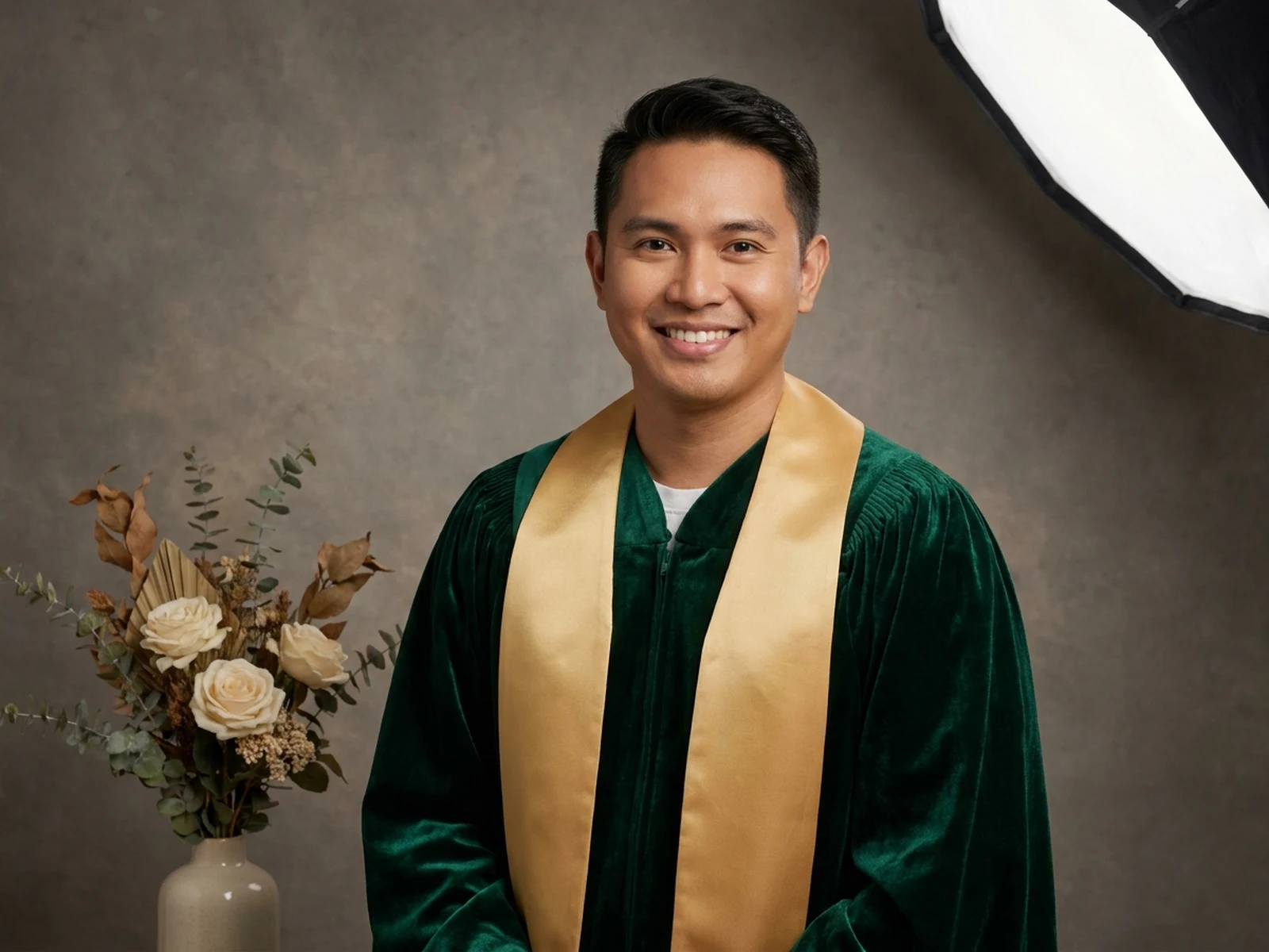 Formal adult graduation studio portrait in green gown and gold stole