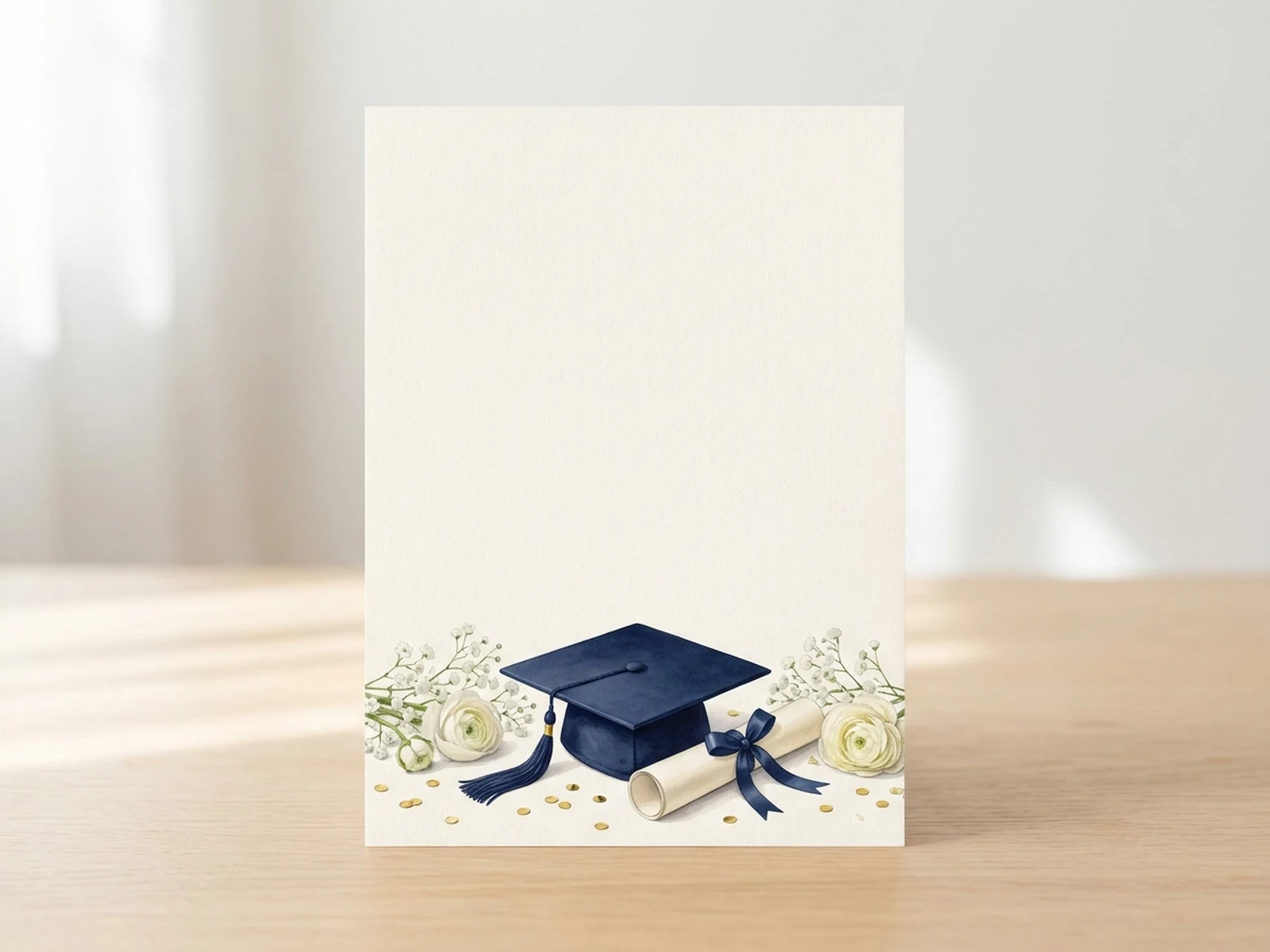 Graduation cap, diploma, and flowers on a blank announcement card background