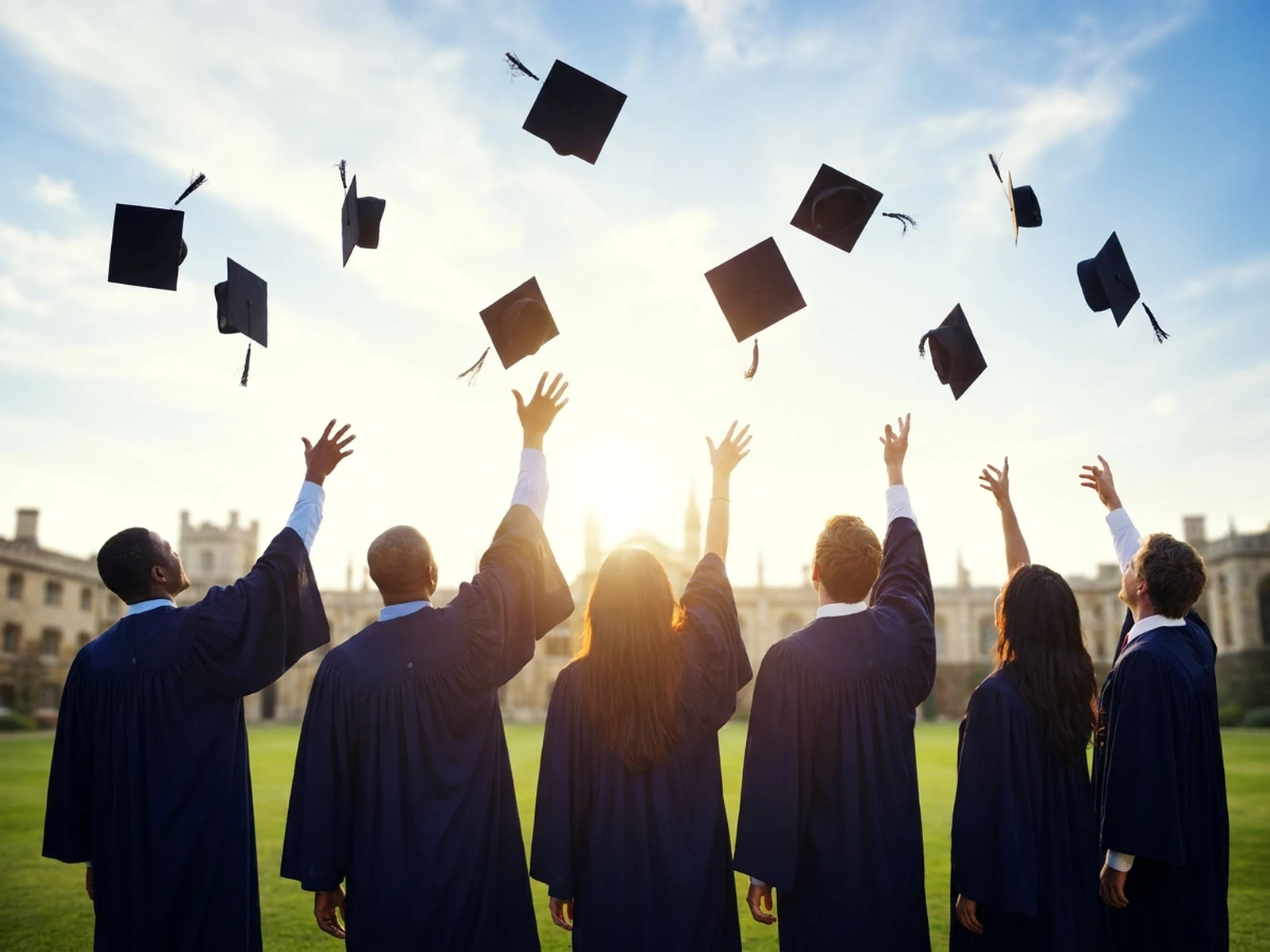 Group of adult graduates tossing caps on a sunny campus lawn