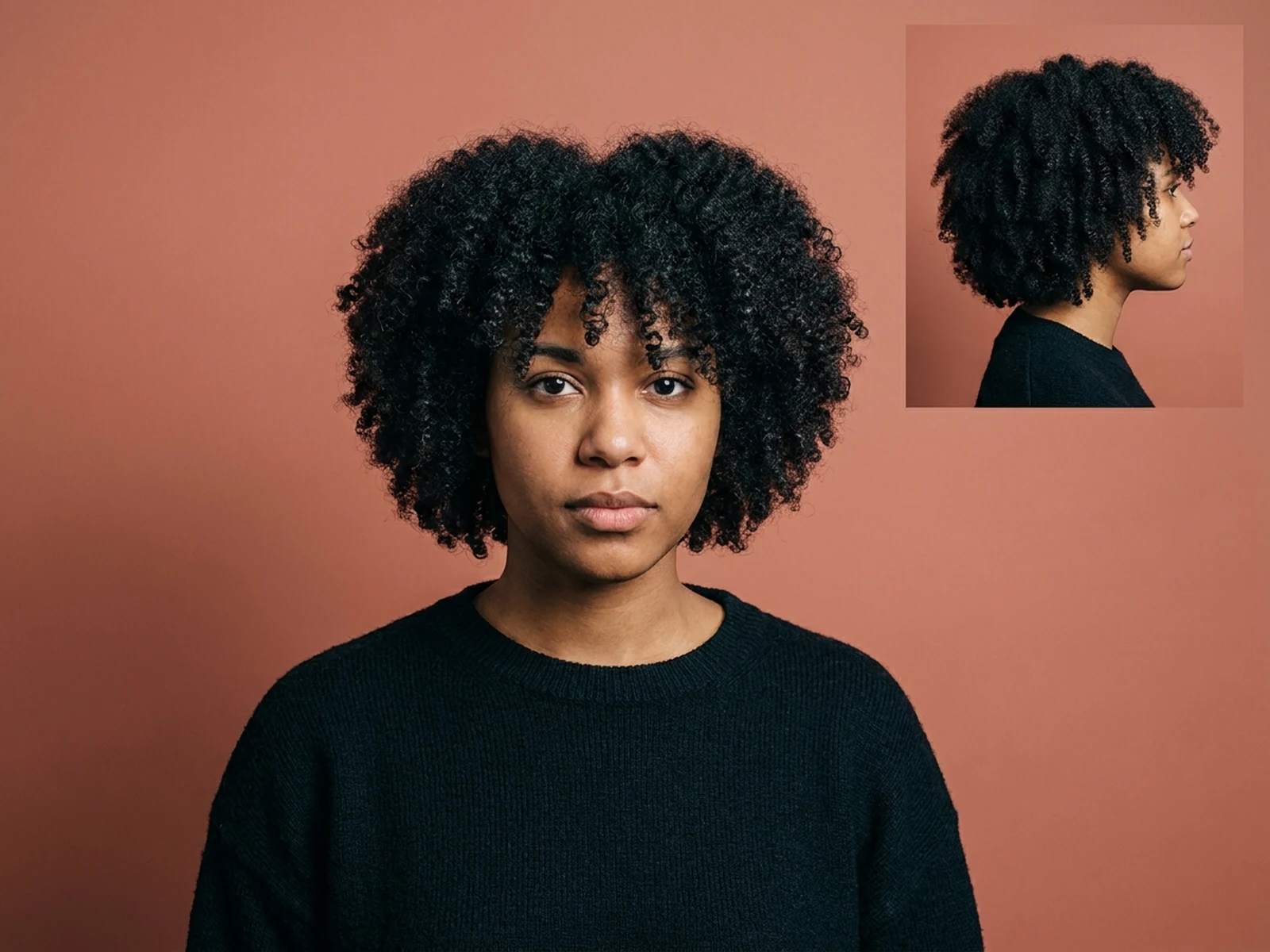 Fictional adult with an original rounded coily hair silhouette