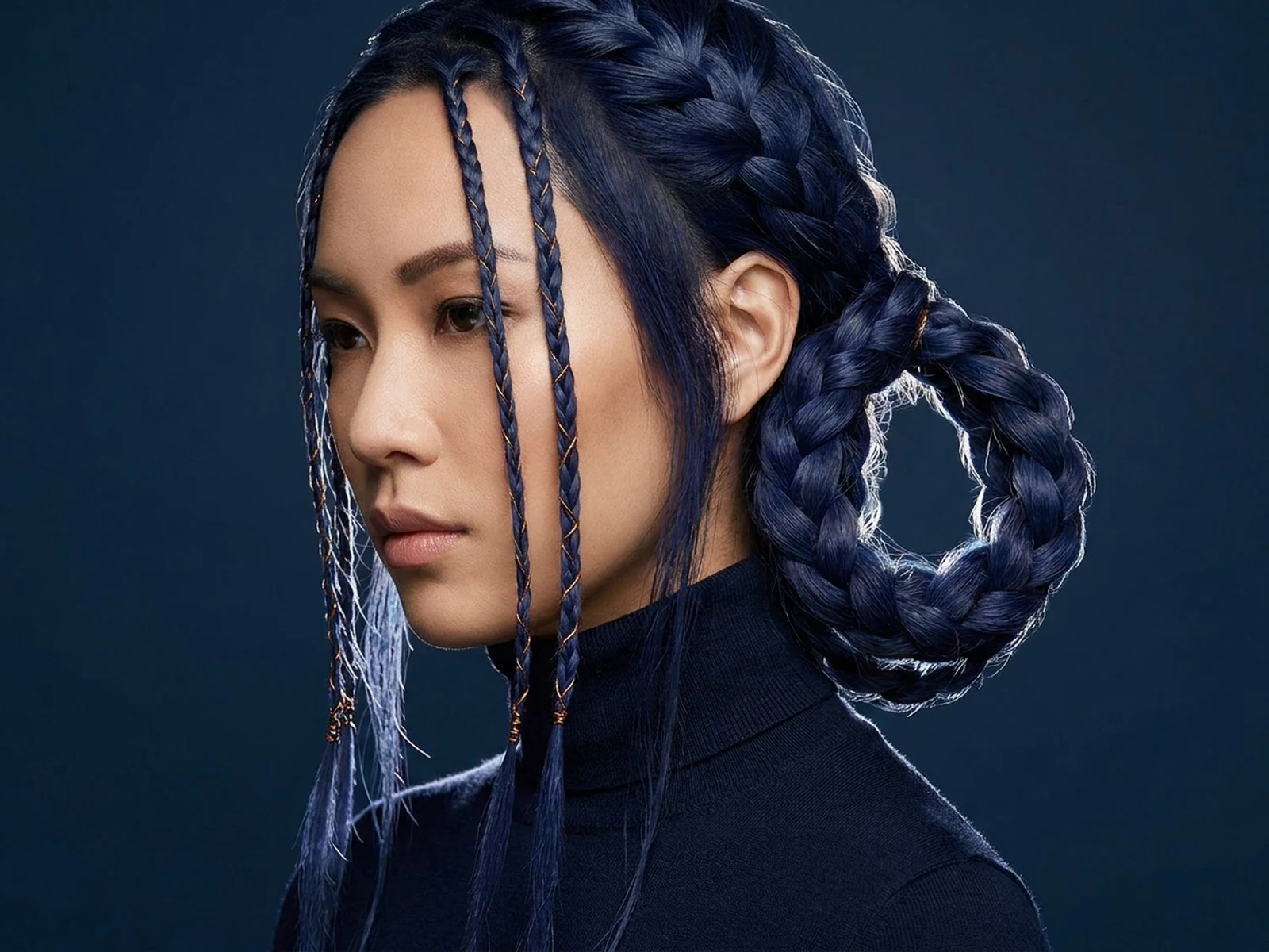 Fictional adult with an original sculptural braided hairstyle