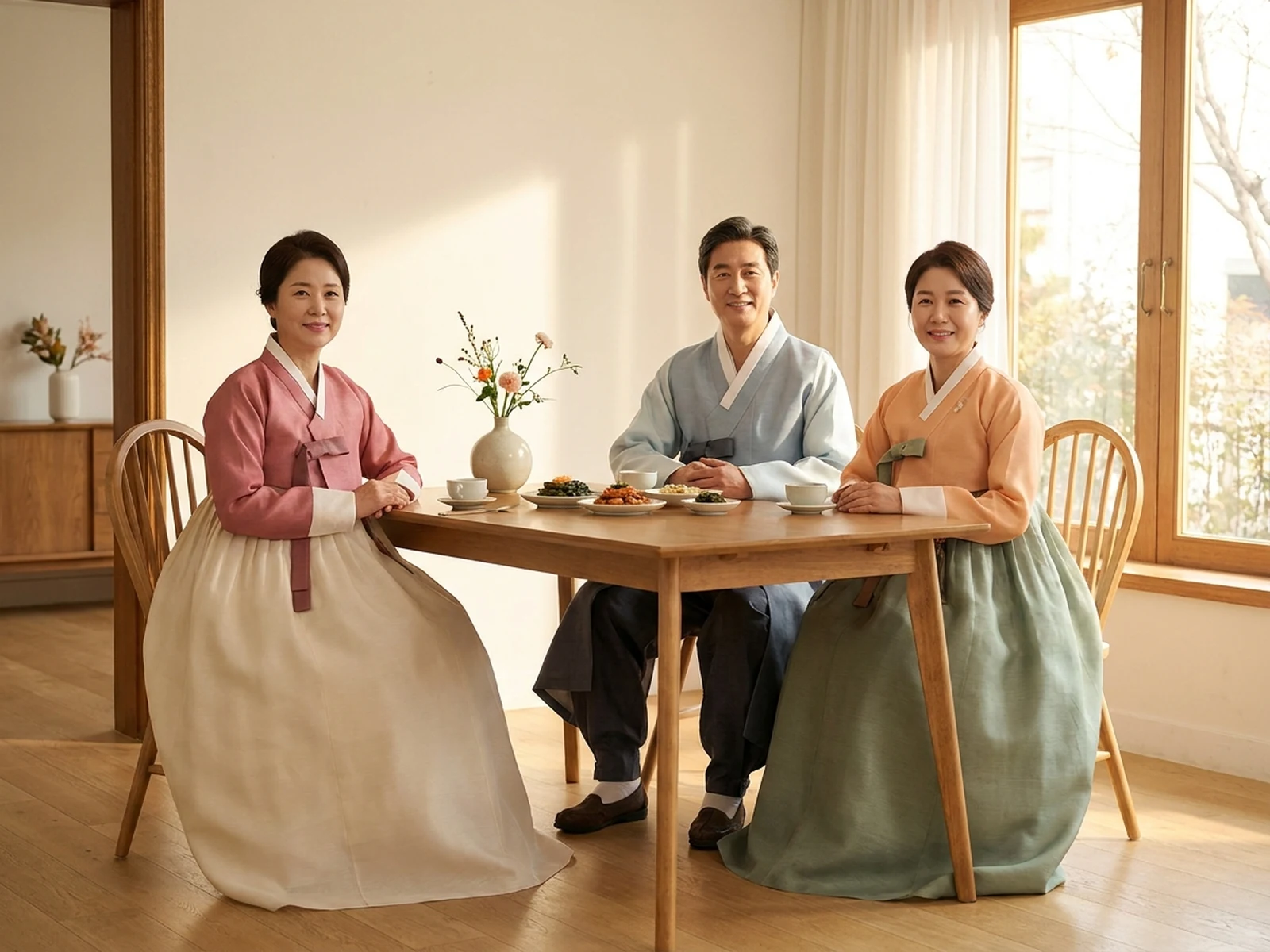 Fictional adult family in coordinated original Hanbok concepts