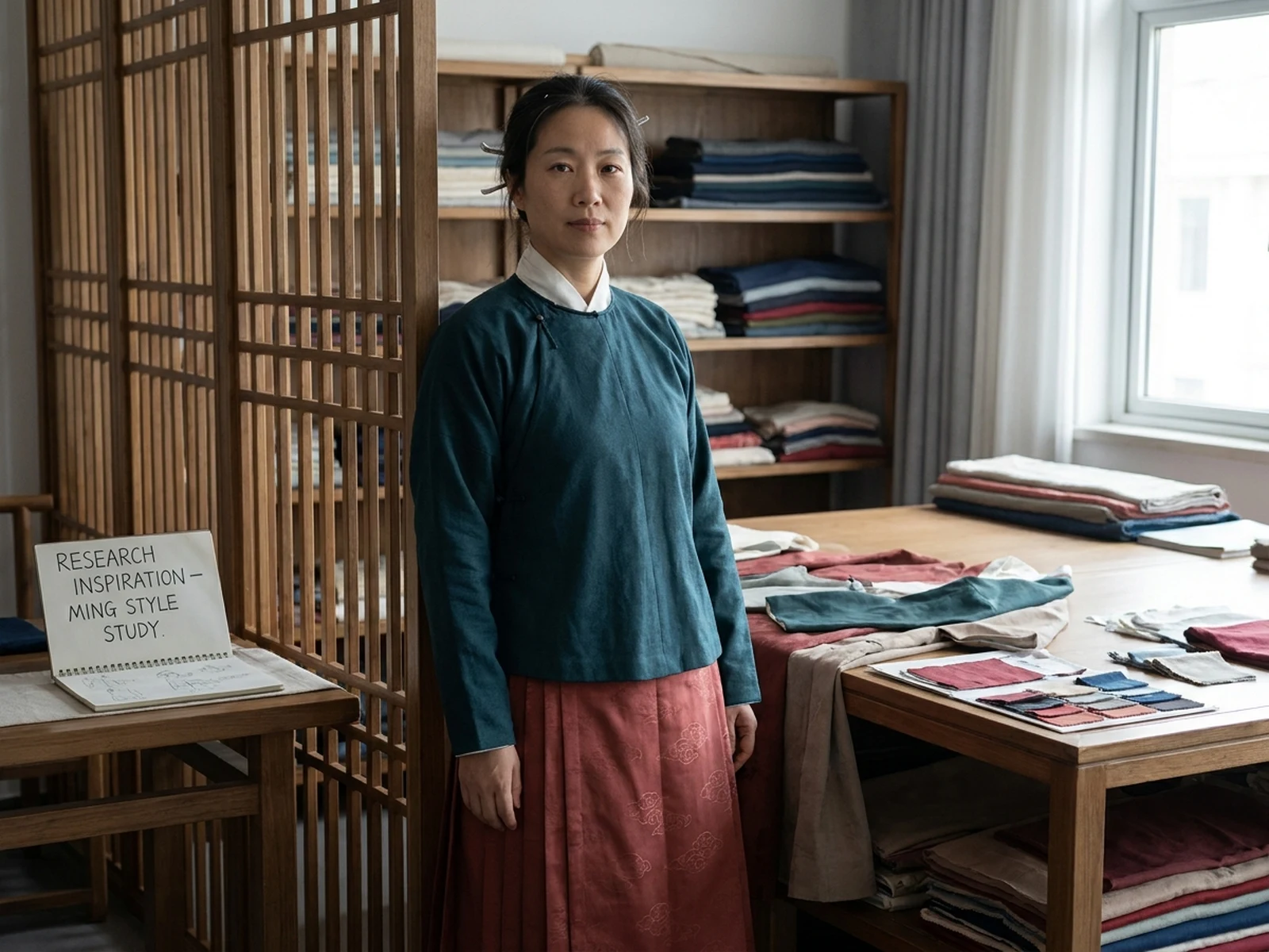 Research-informed Ming-inspired aoqun garment study in teal and muted red
