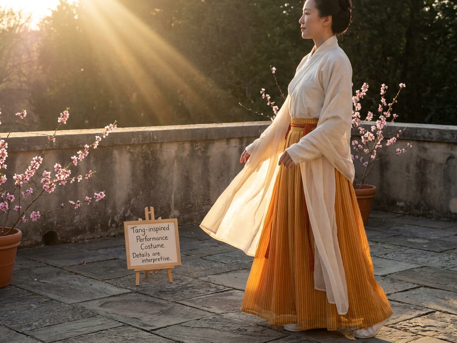 Tang-inspired high-waisted ruqun performance concept with restrained styling