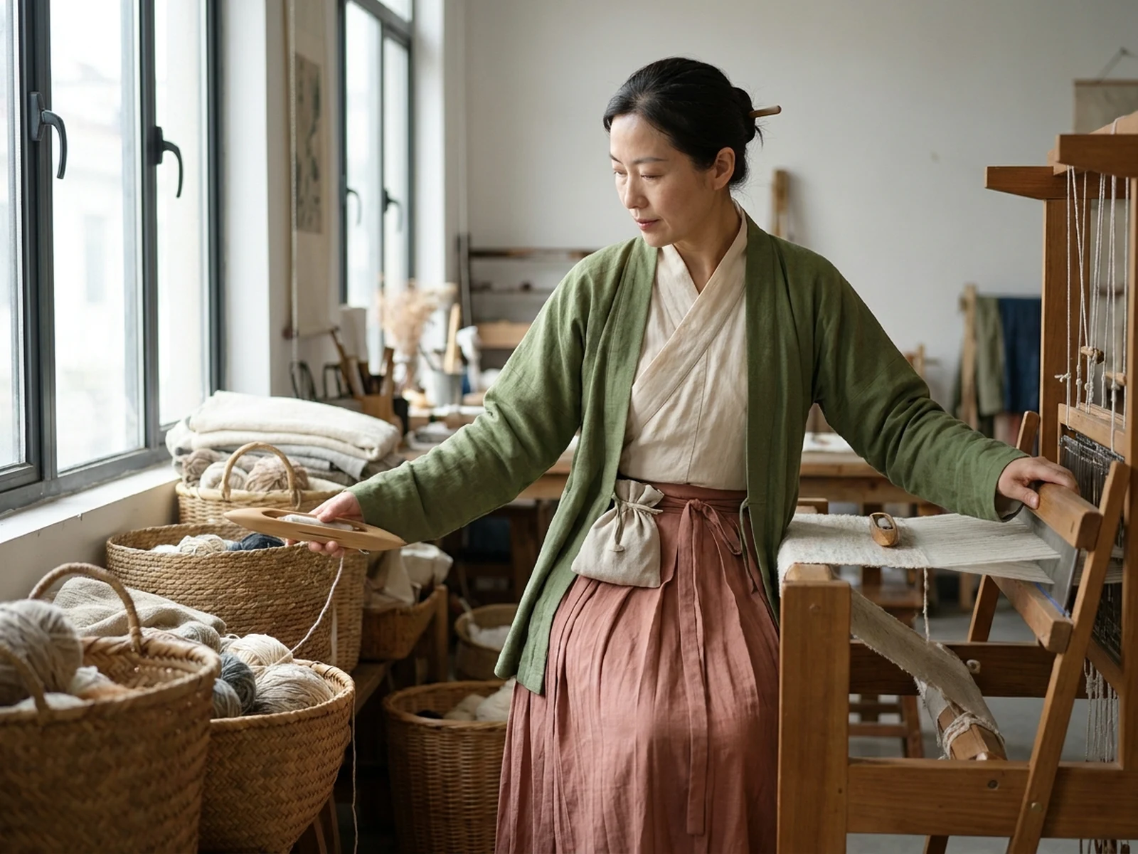 Song-inspired practical hanfu layers in a handcraft workshop