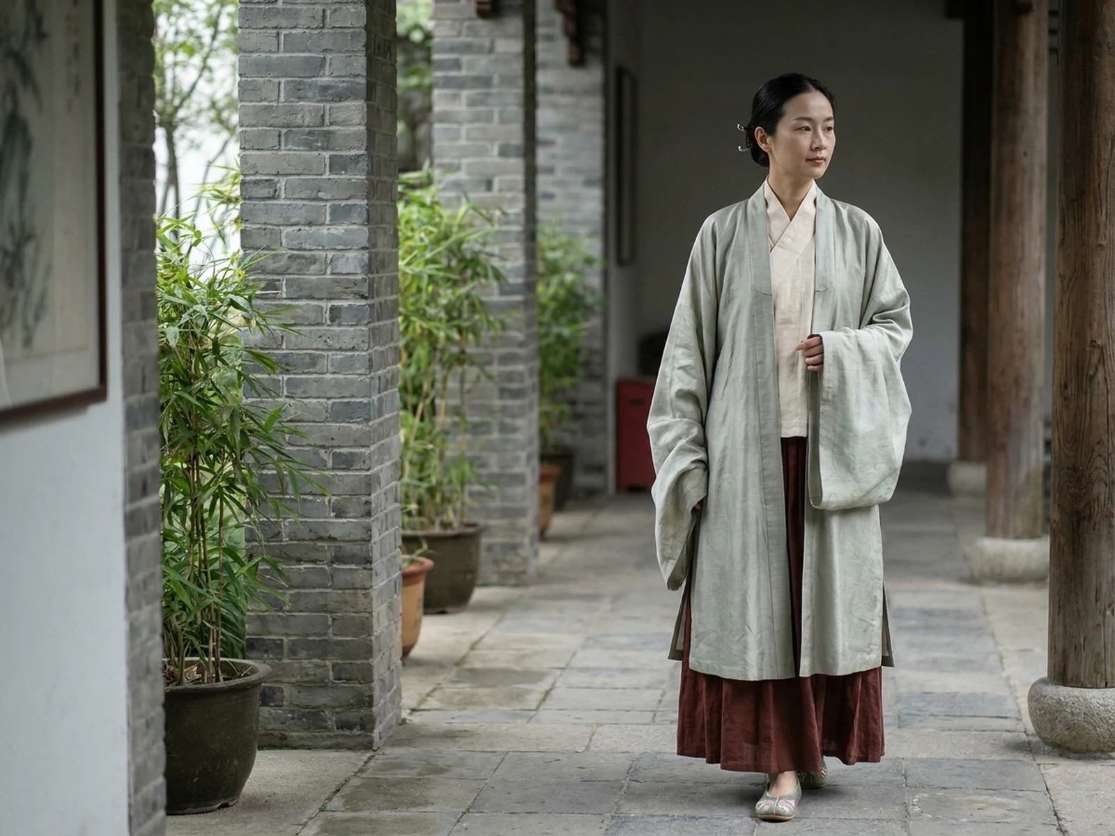 成年模特身着具有具体服装细节的宋制灵感褙子与褶裙