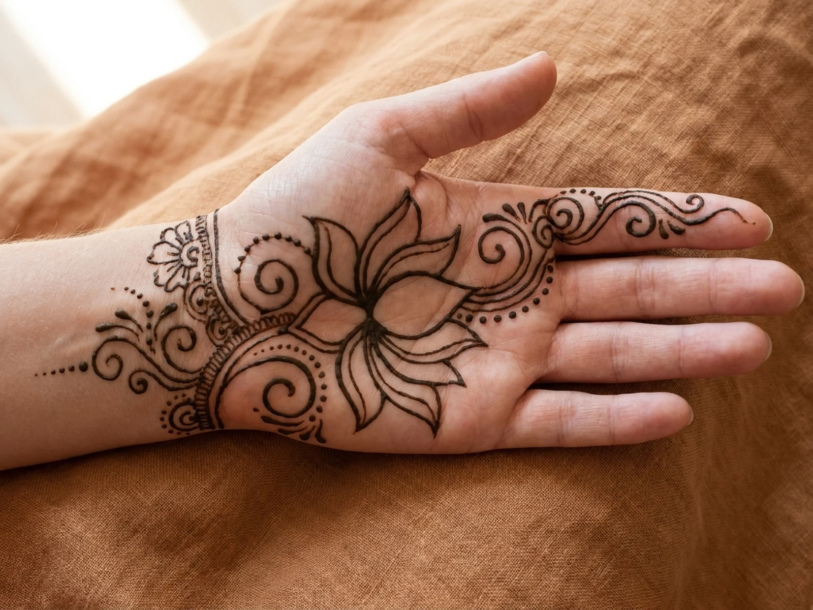 Original lotus-inspired henna pattern across an adult palm and wrist