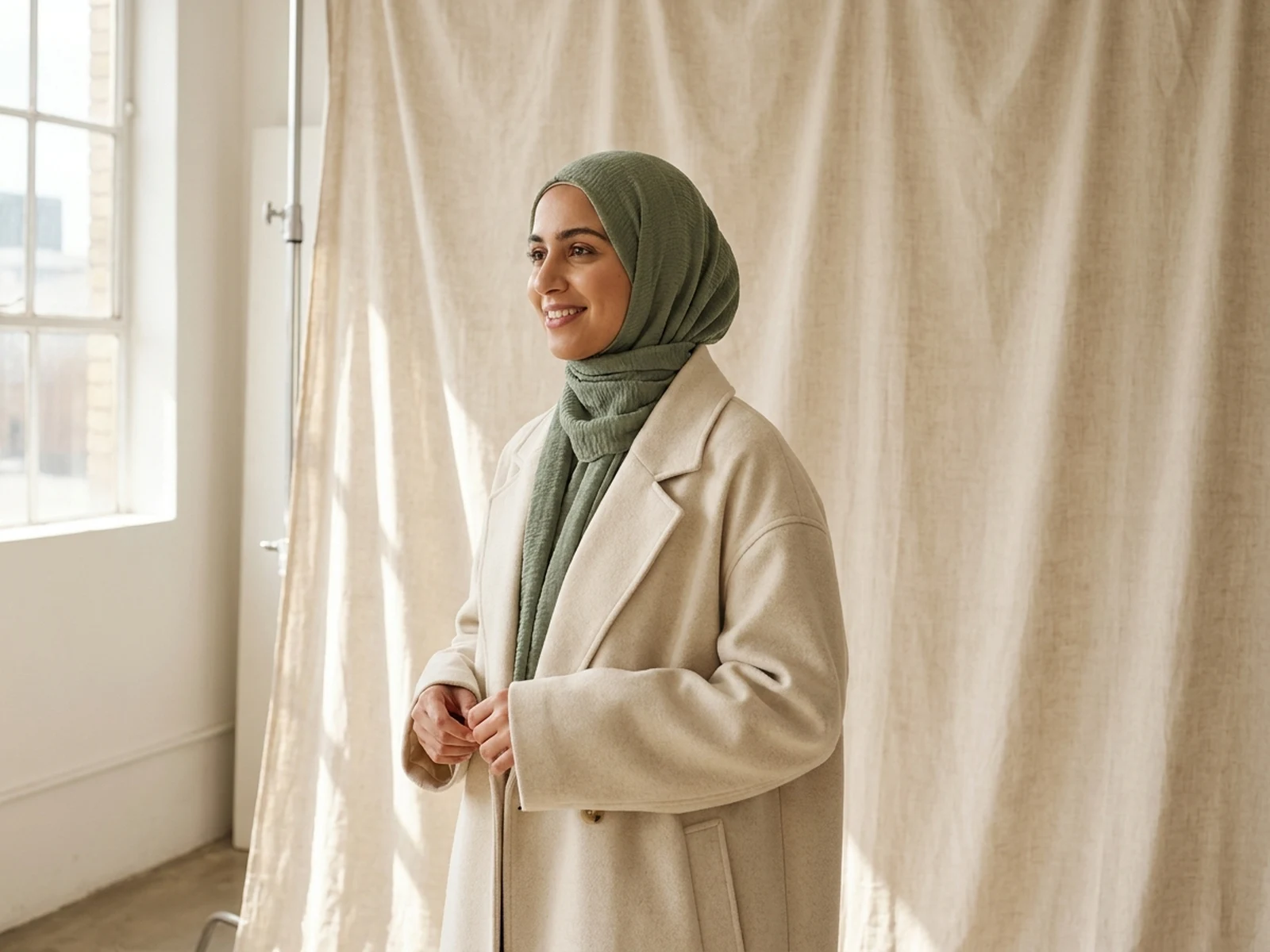 Modern modest fashion portrait with textured hijab, cream coat, soft fabric backdrop, and editorial studio lighting
