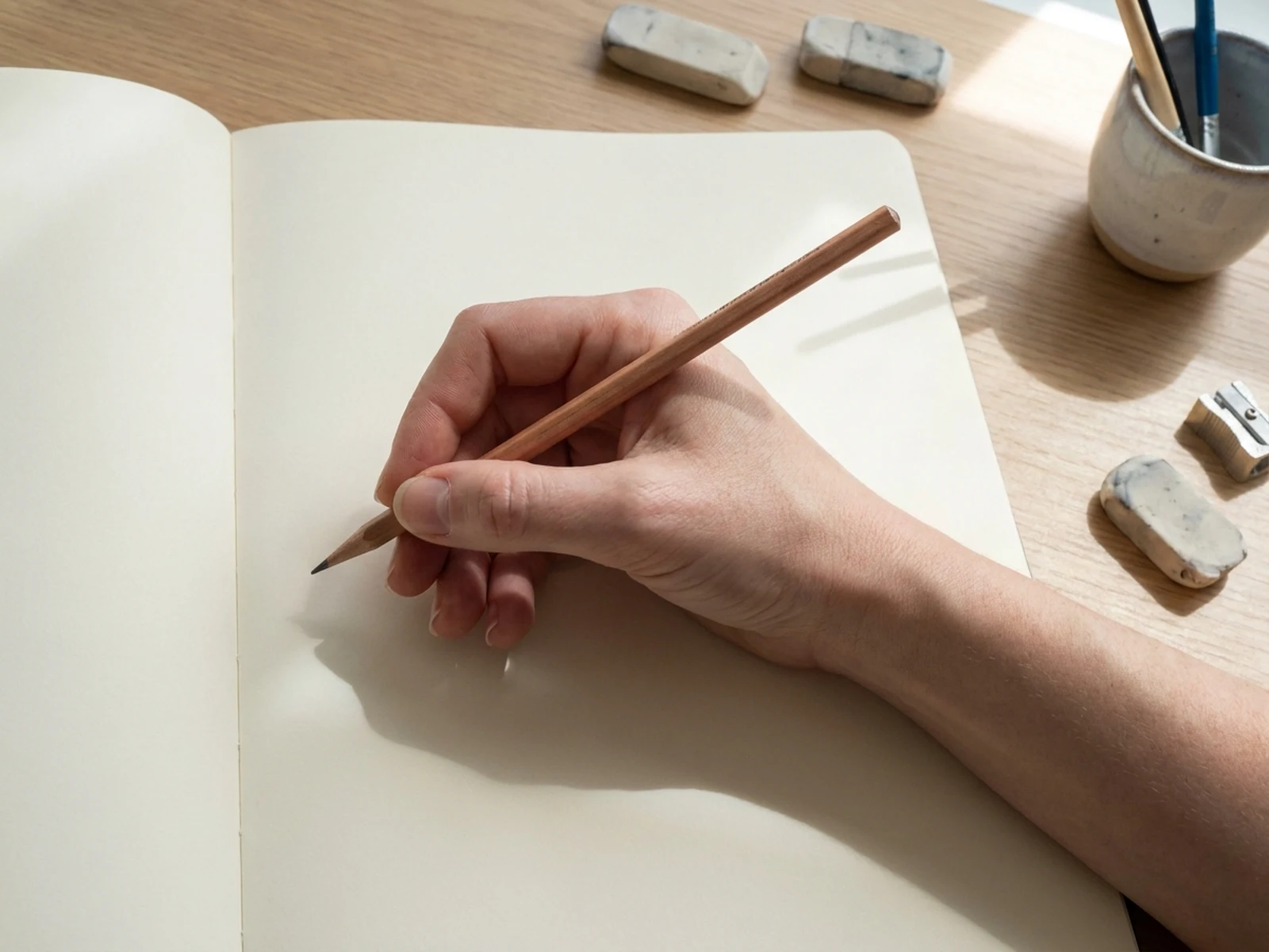 Anatomically coherent left hand holding a pencil