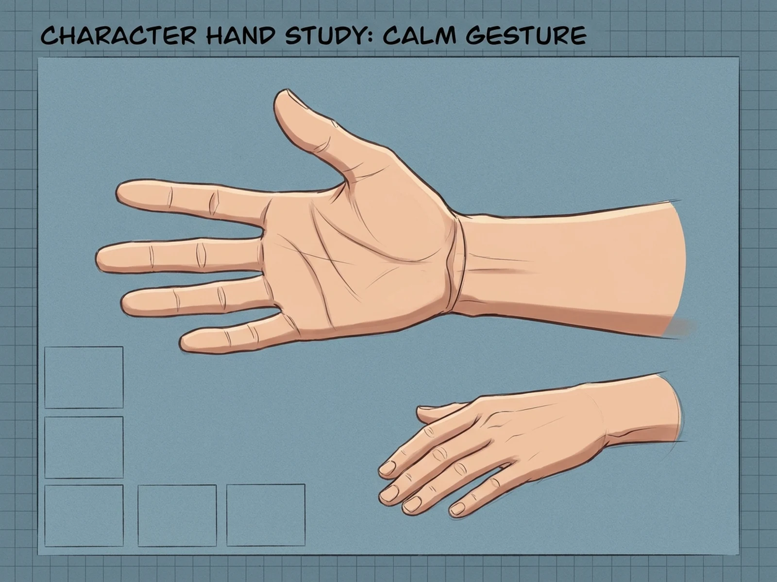 Open-palm hand gesture on an original character design sheet