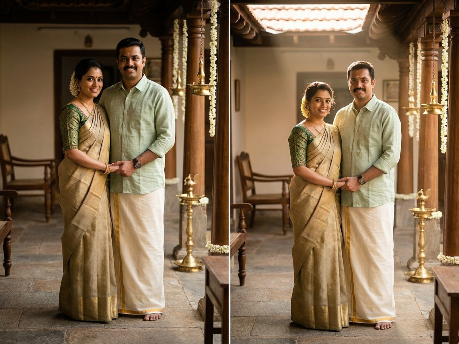 South Indian couple in regionally specific engagement attire in a family courtyard