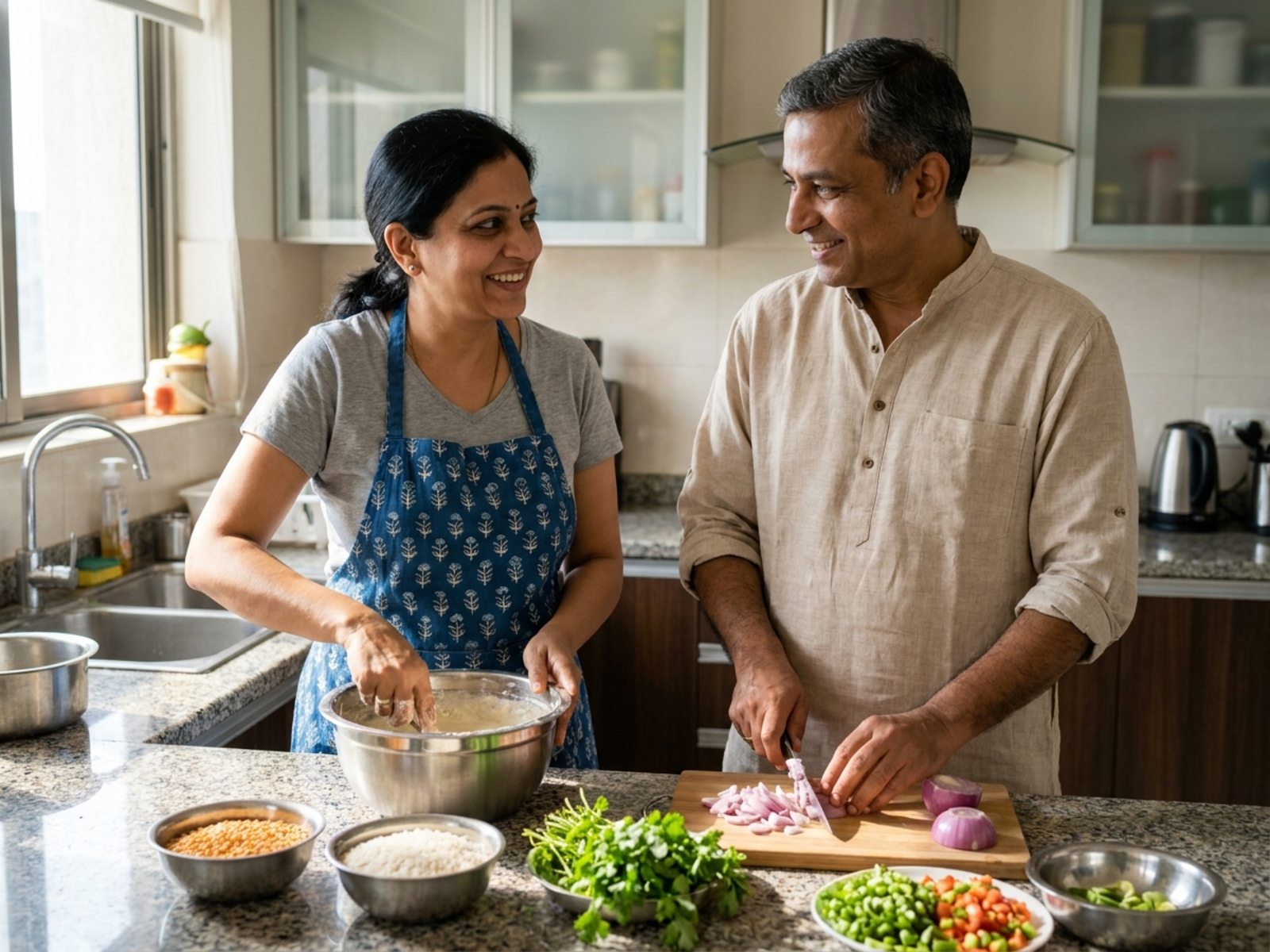 Indian couple cooking together in a bright contemporary apartment kitchen