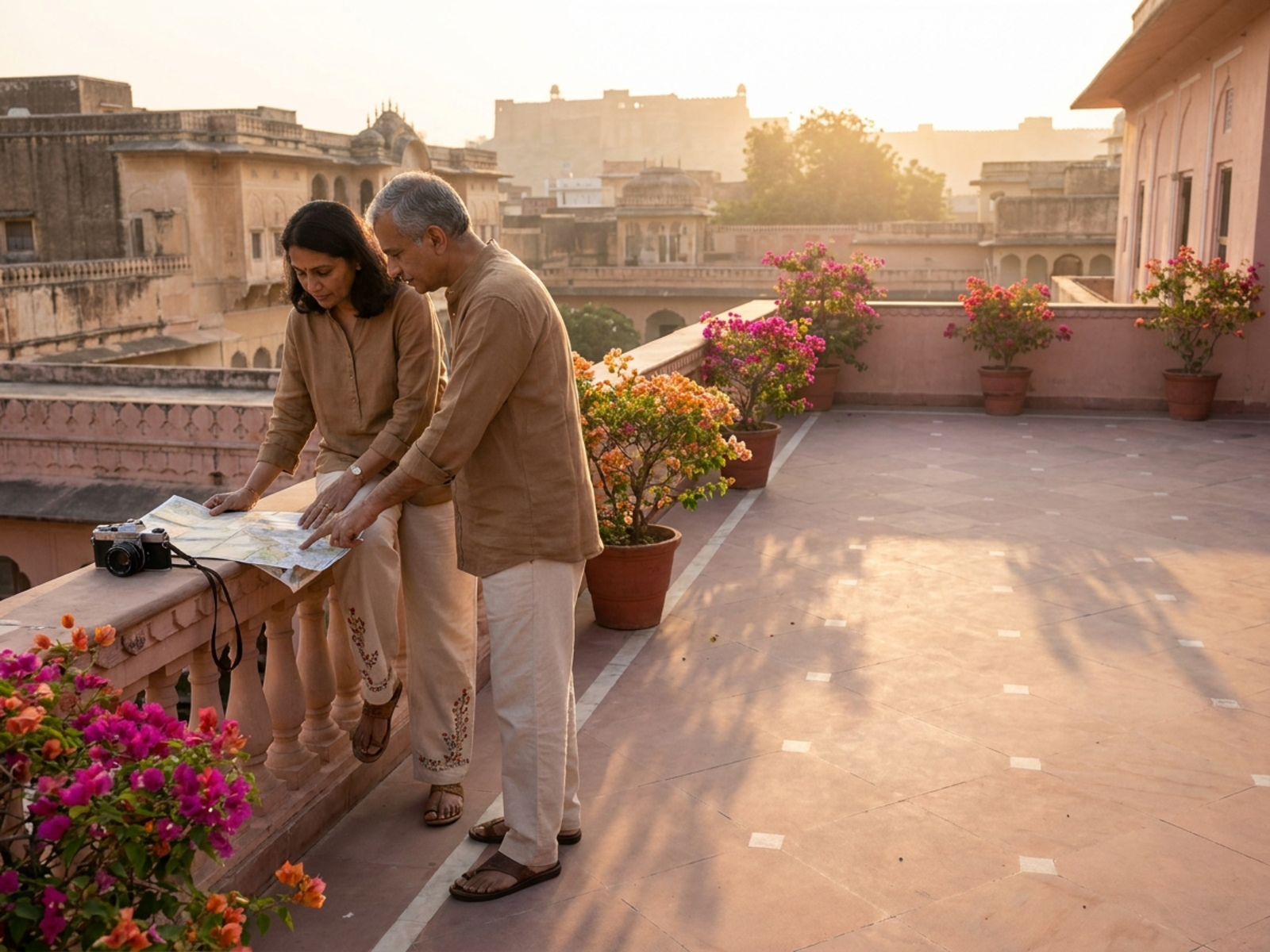 Indian couple planning a Jaipur day trip on a pink sandstone terrace
