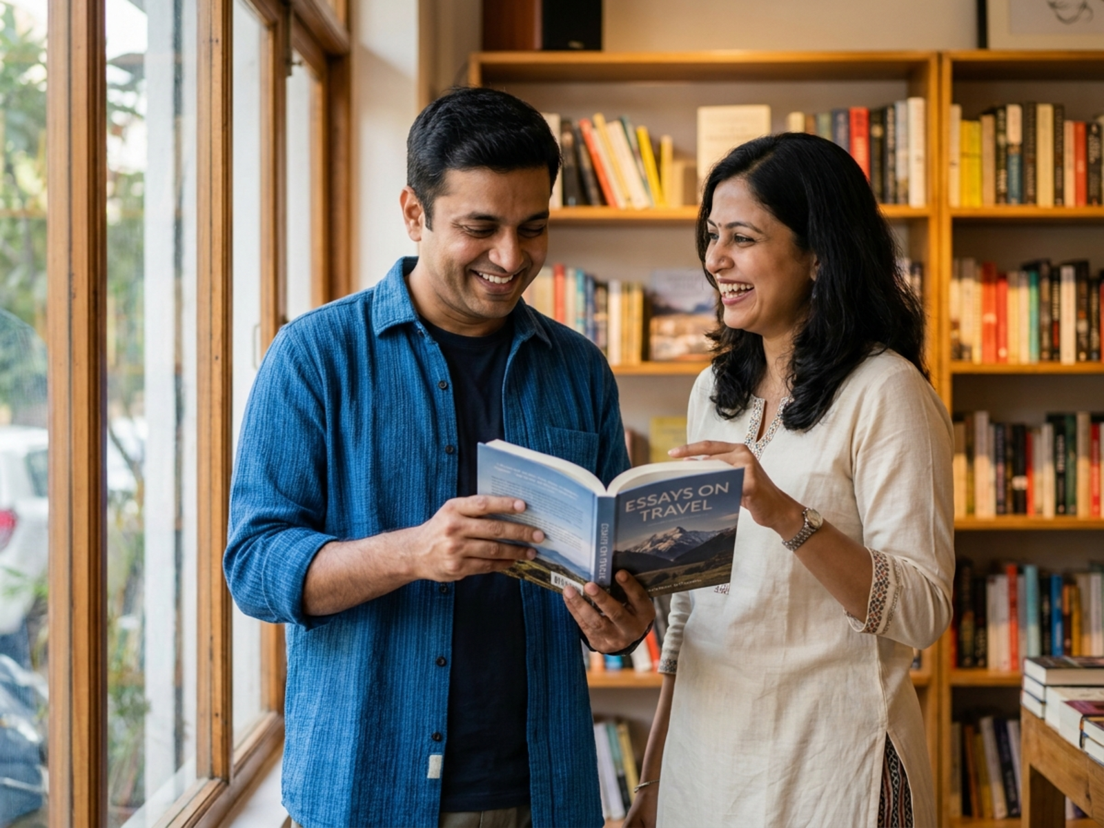 Contemporary Indian couple sharing an everyday moment in a bookshop cafe
