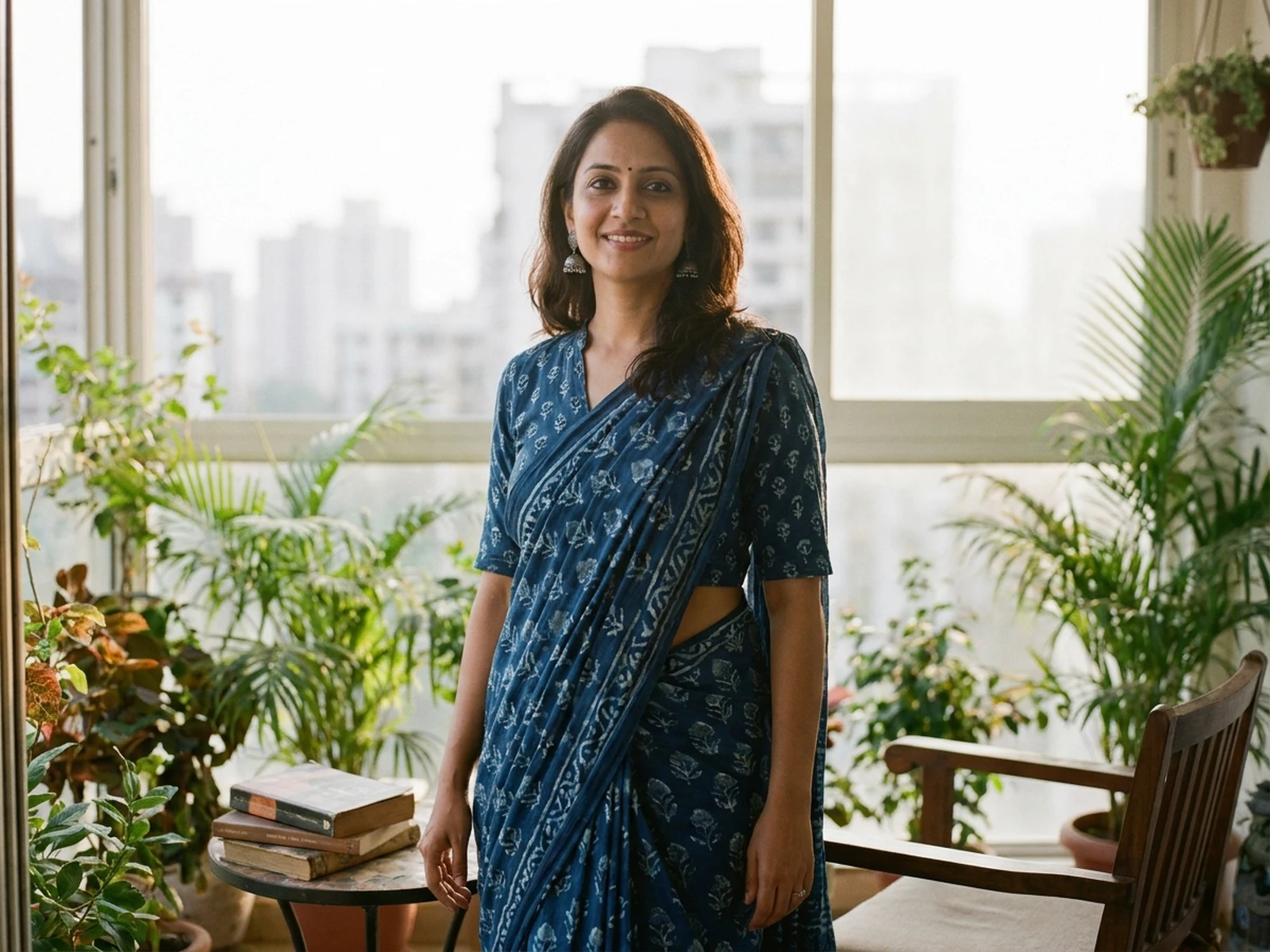 AI Indian Woman Generator example showing editorial saree portrait with controlled lighting and clear composition