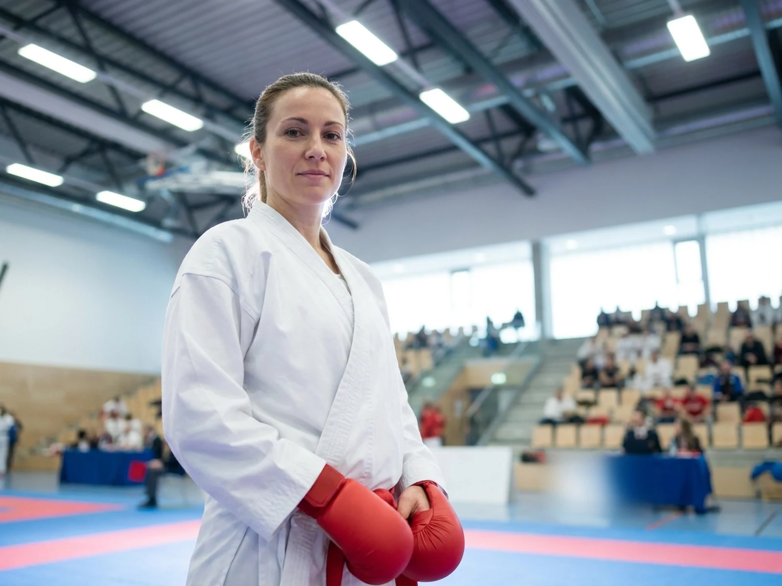 Original adult female karate competitor portrait beside a competition mat