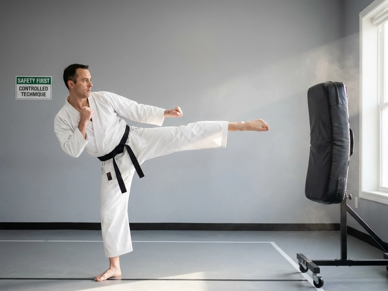 Controlled karate side kick technique reference with clear body posture