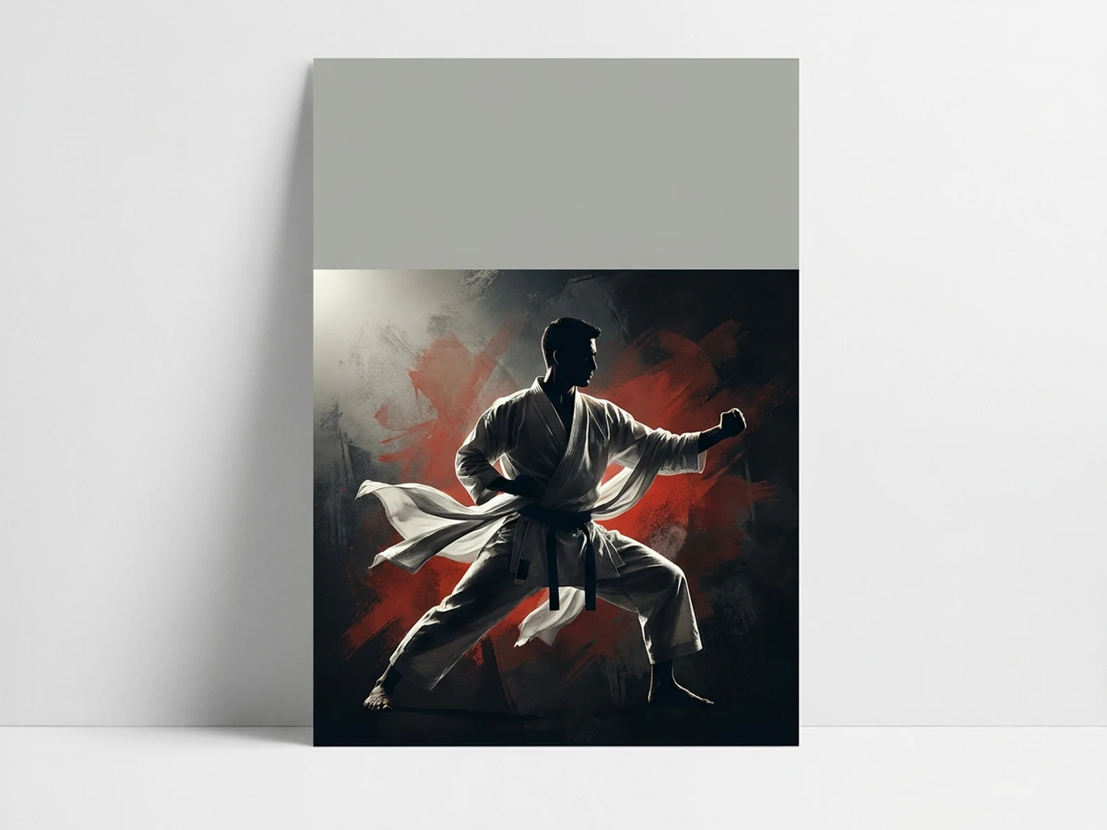 Original karate athlete silhouette in a minimal campaign poster composition