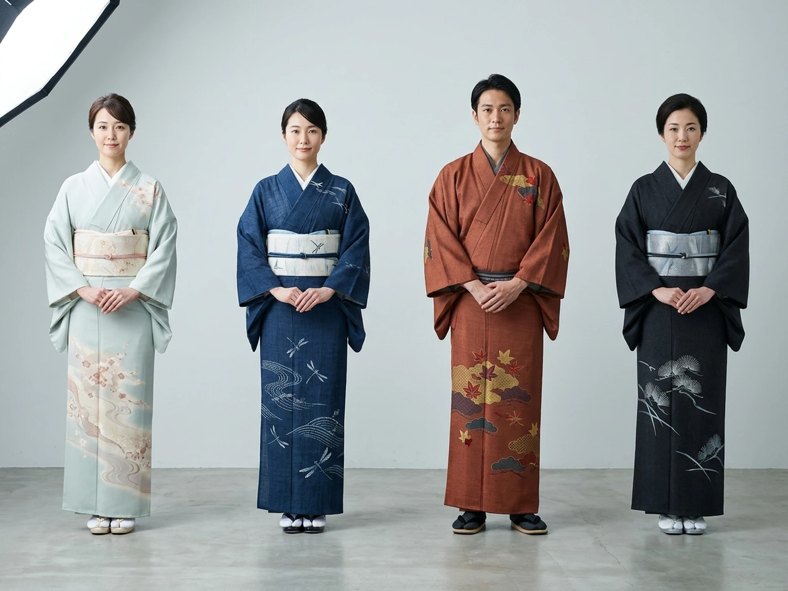 四套采用克制季节纺织主题的原创成年和服造型
