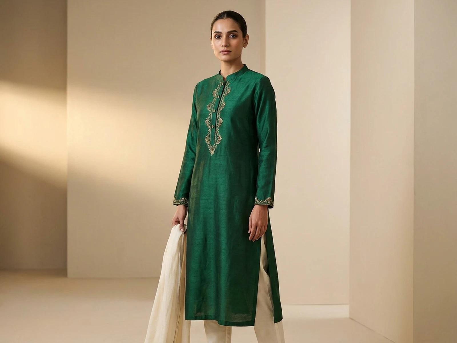 Emerald festive kurta with restrained gold embroidery