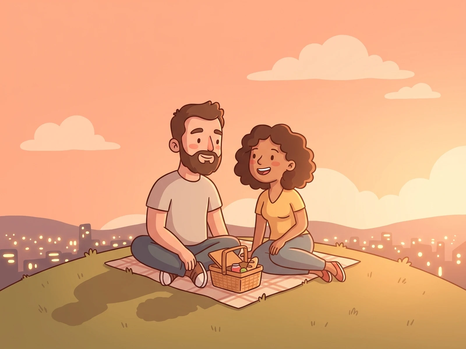 Original adult couple sharing a quiet sunset picnic in a warm cartoon illustration