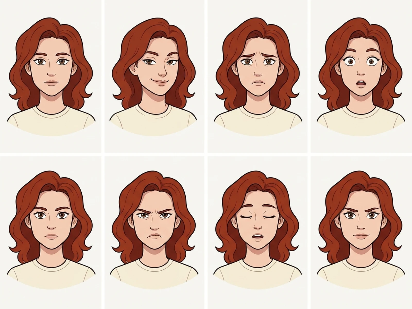 Eight-expression sheet for an original adult manhwa-inspired character