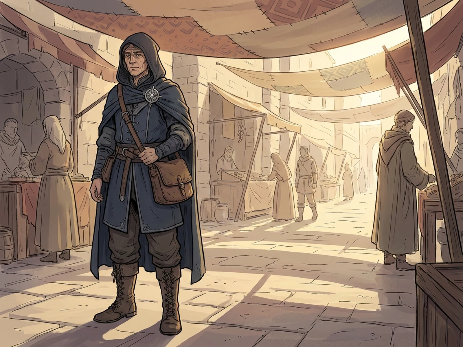Original fantasy courier character in layered navy travel clothing